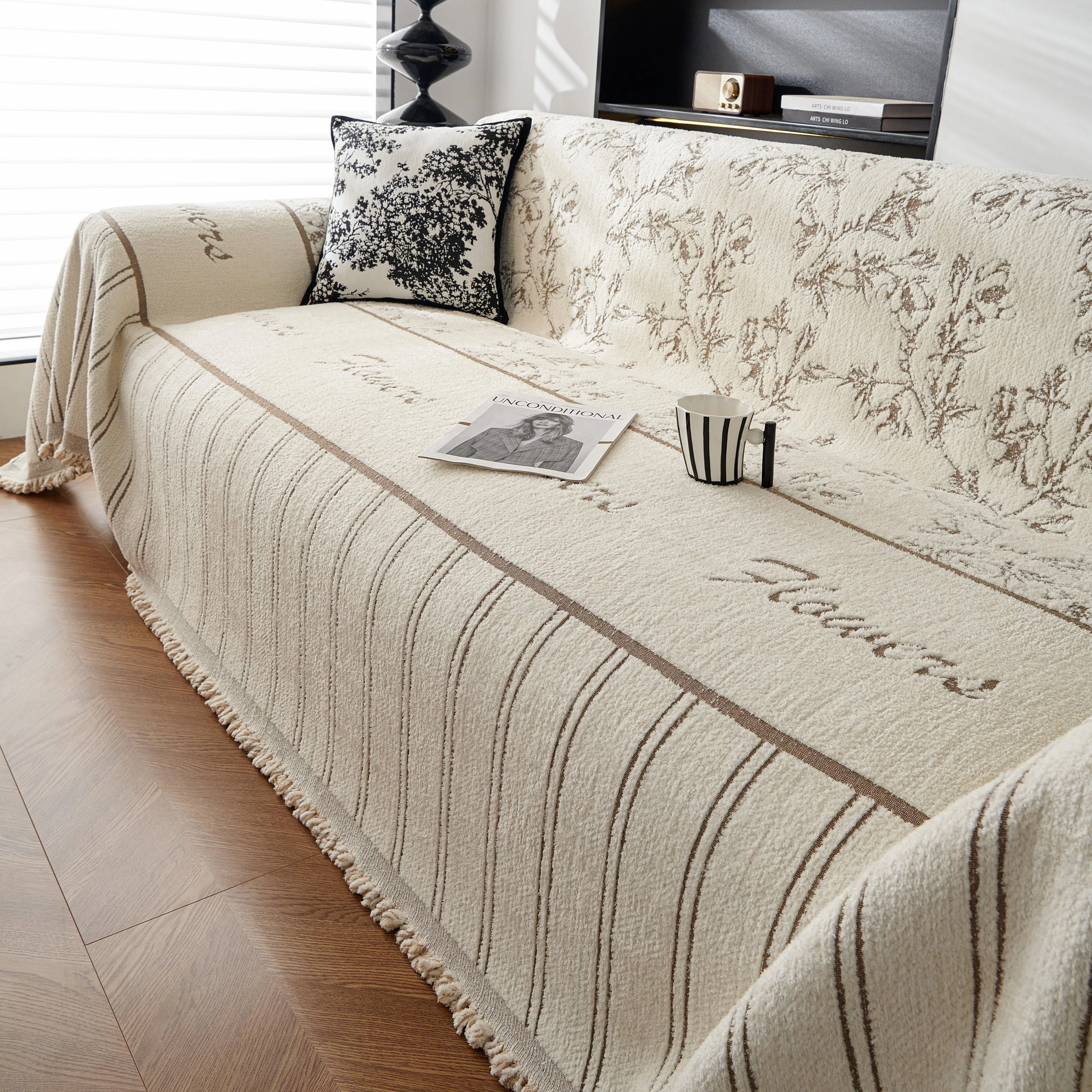 Chenille Striped Floral Couch Cover Sofa Slipcover for Most Shape Sofas, Reversible Sofa Throw Cover - Image 82