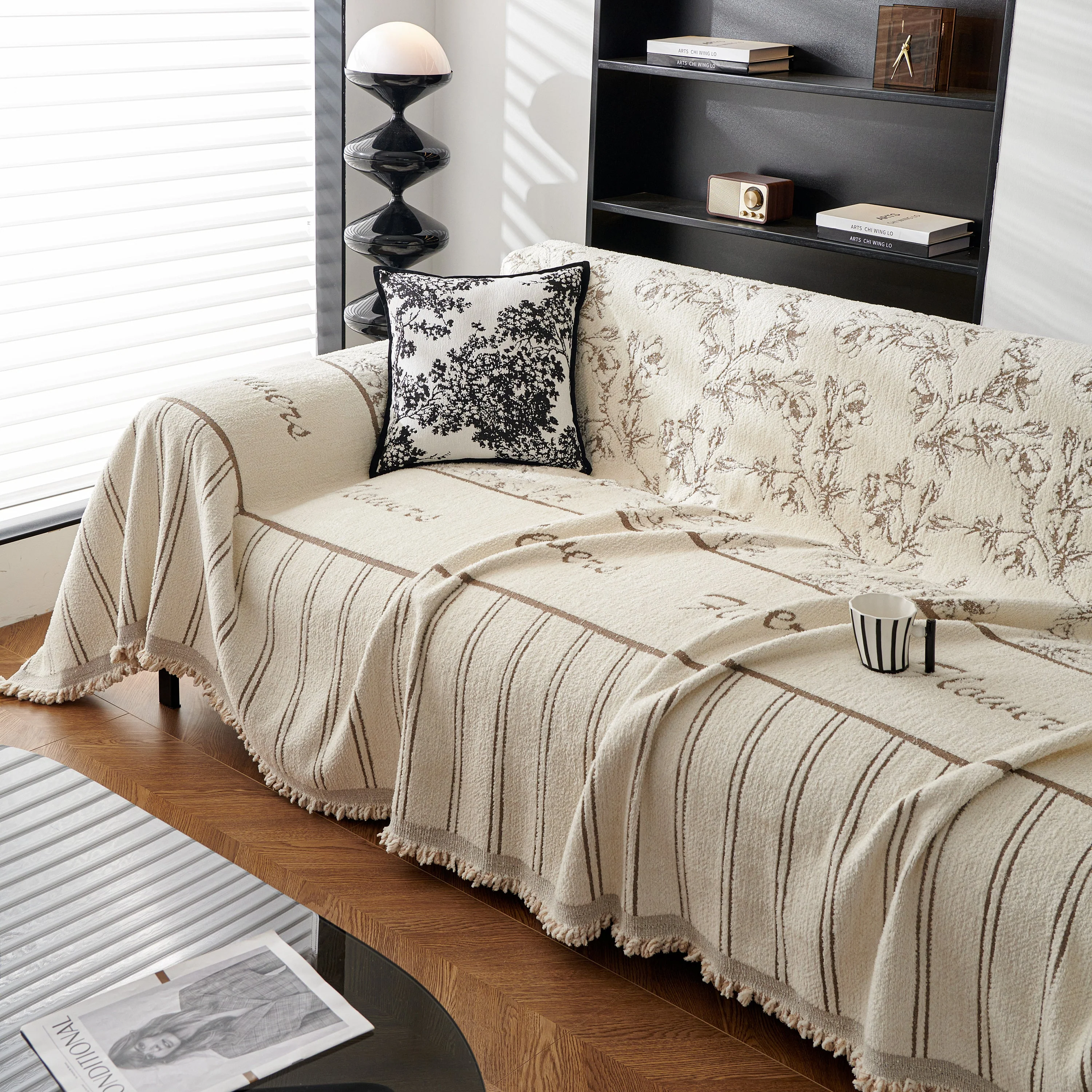 Chenille Striped Floral Couch Cover Sofa Slipcover for Most Shape Sofas, Reversible Sofa Throw Cover - Image 84