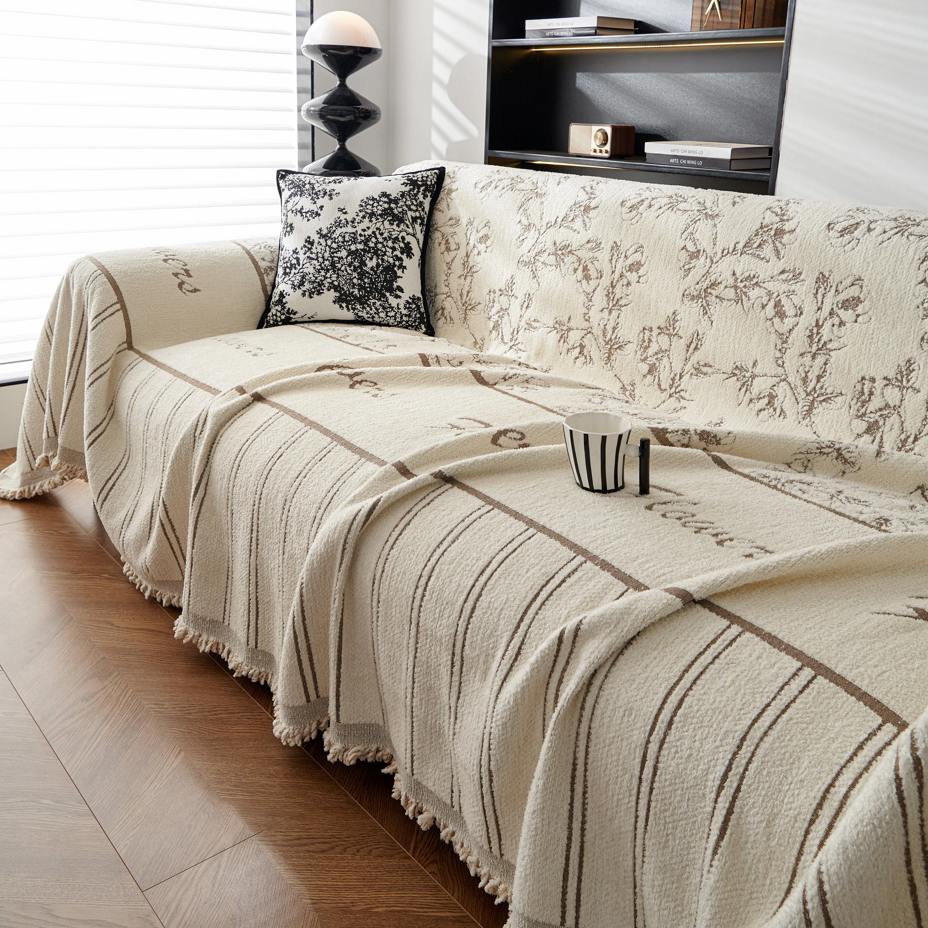 Chenille Striped Floral Couch Cover Sofa Slipcover for Most Shape Sofas, Reversible Sofa Throw Cover - Image 85