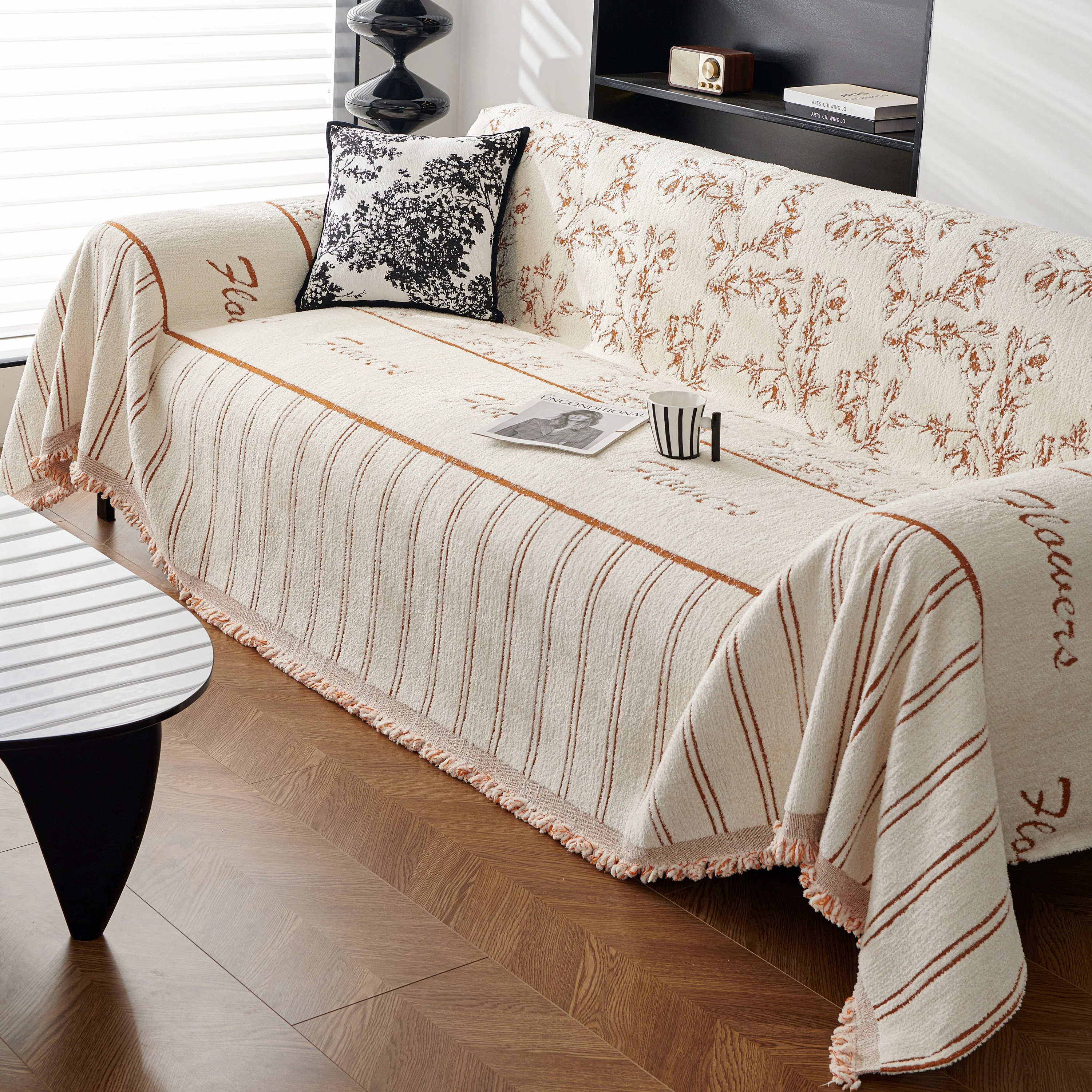 Chenille Striped Floral Couch Cover Sofa Slipcover for Most Shape Sofas, Reversible Sofa Throw Cover - Image 98