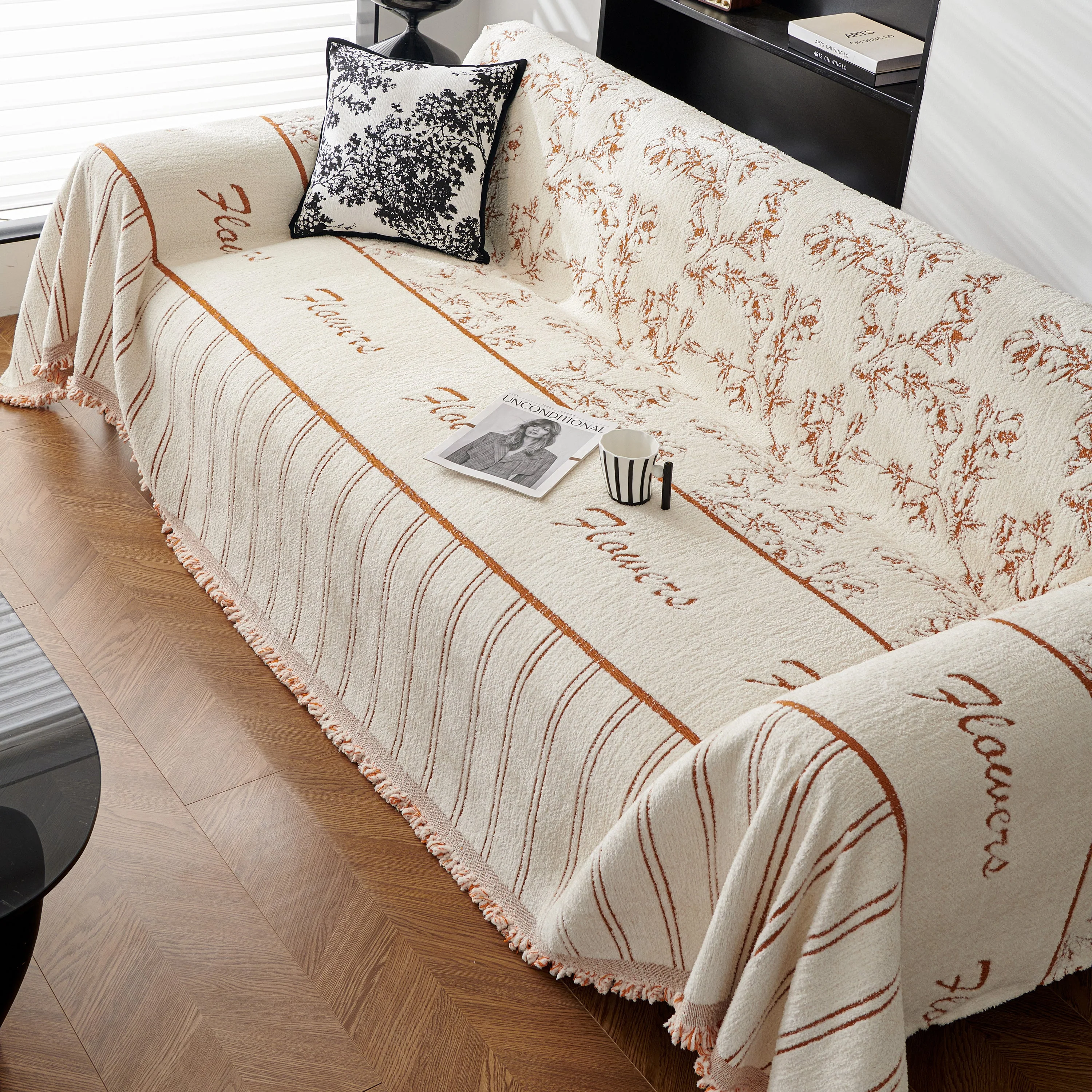 Chenille Striped Floral Couch Cover Sofa Slipcover for Most Shape Sofas, Reversible Sofa Throw Cover - Image 99