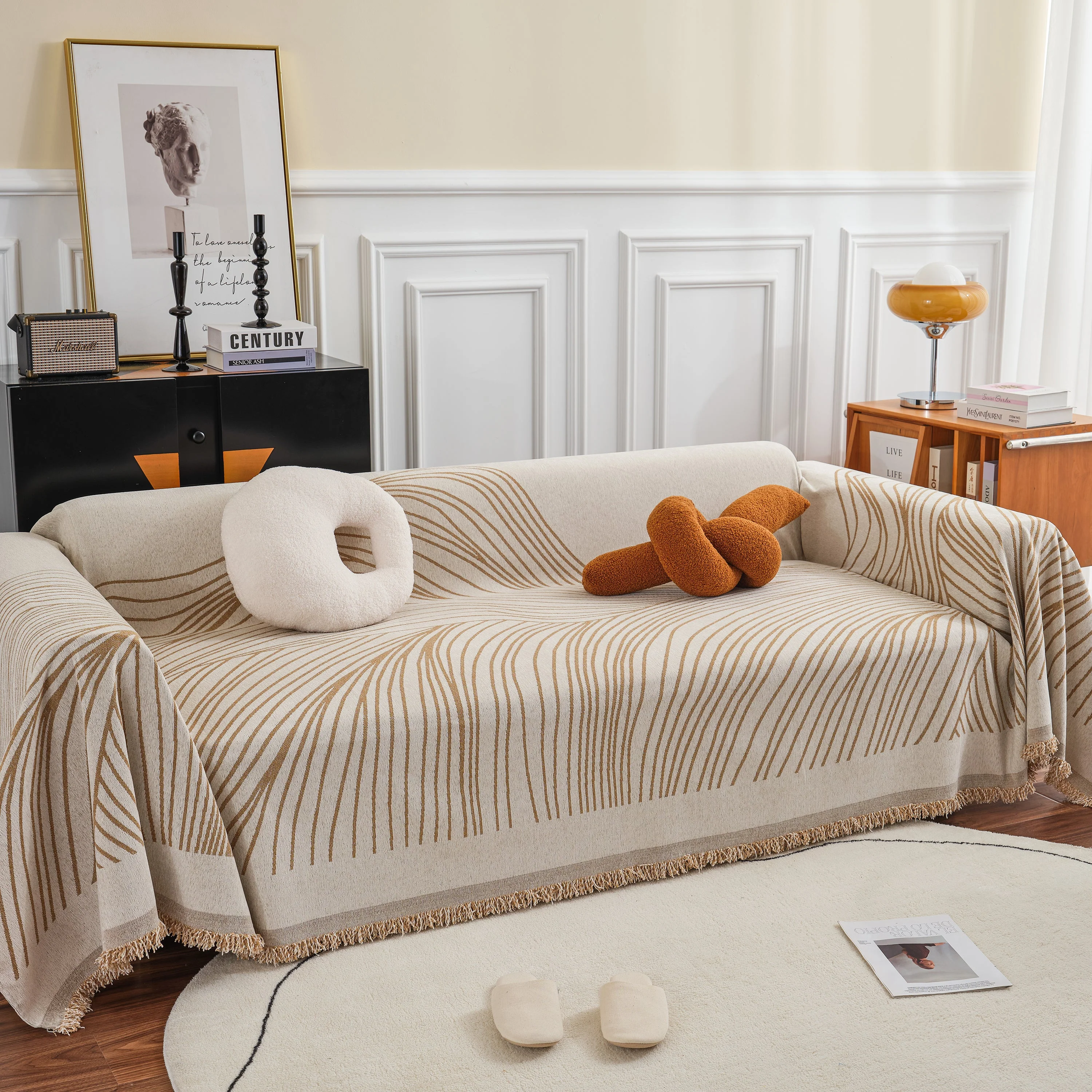 Chenille Striped Sofa Throw Blanket, Furniture Throw Covers Living Room Couch Cover - Image 42