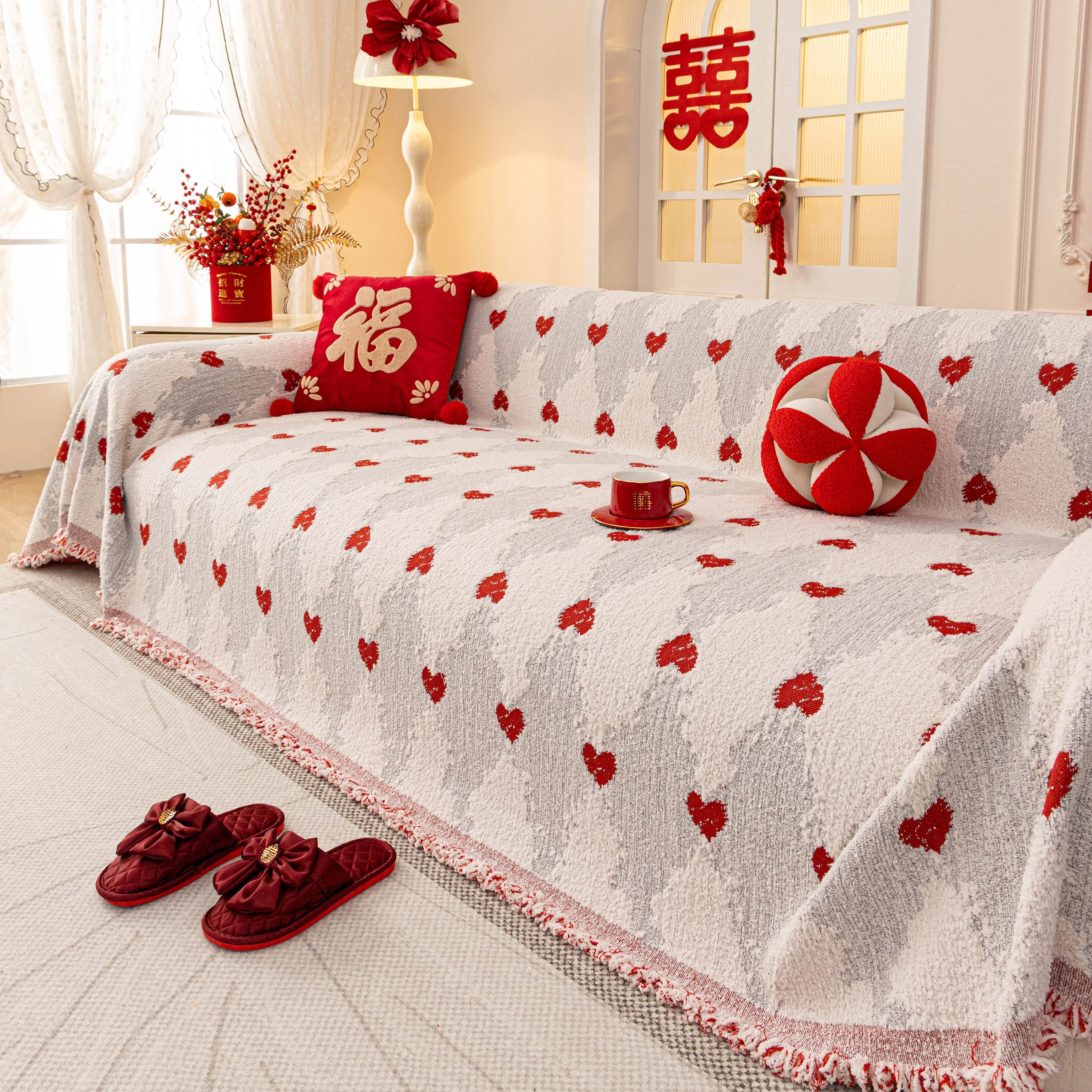 Chinese New Year Sofa Throw Cover Blanket, Decor Festive Red Fu Pattern Couch Cover