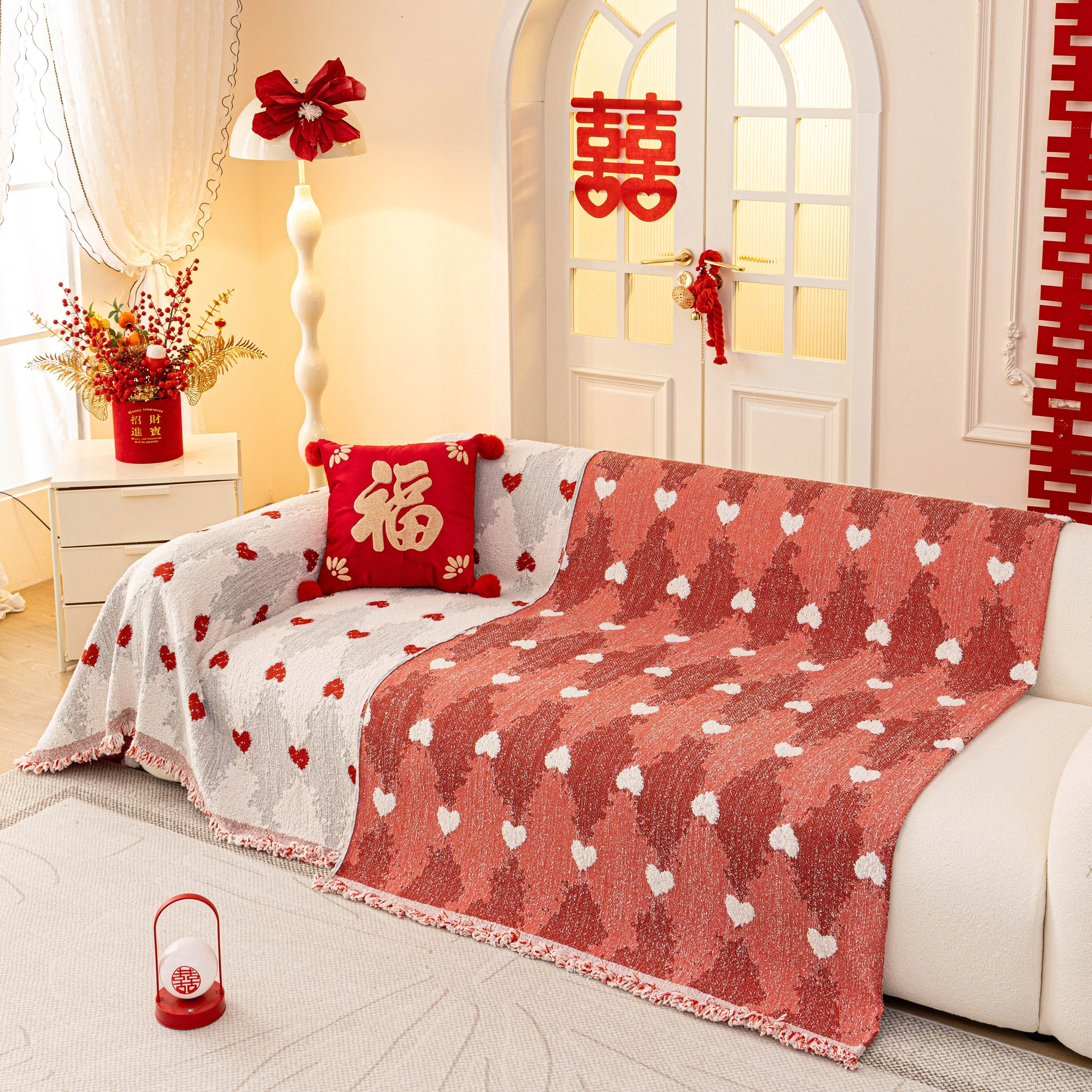 Chinese New Year Sofa Throw Cover Blanket, Decor Festive Red Fu Pattern Couch Cover - Image 11