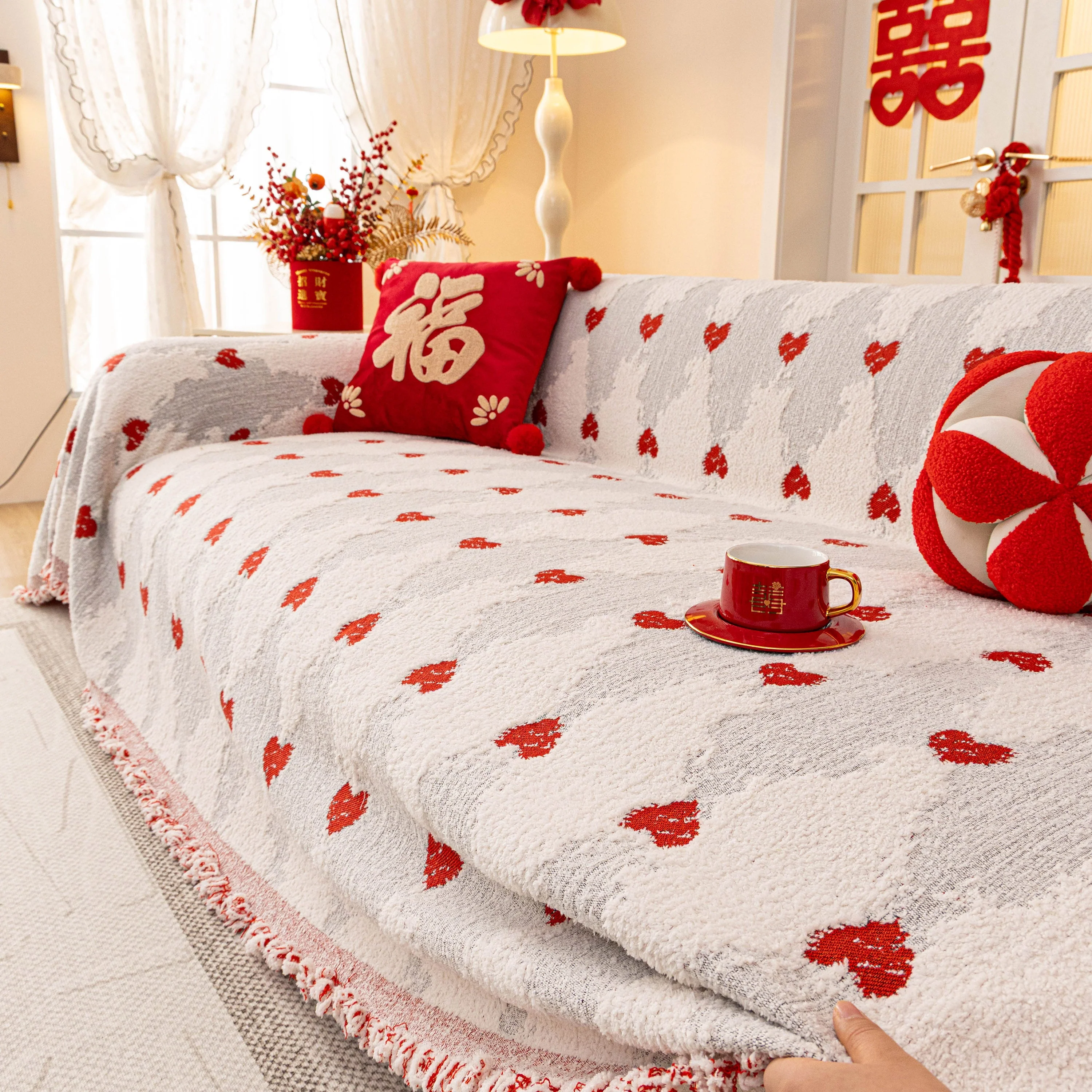 Chinese New Year Sofa Throw Cover Blanket, Decor Festive Red Fu Pattern Couch Cover - Image 14
