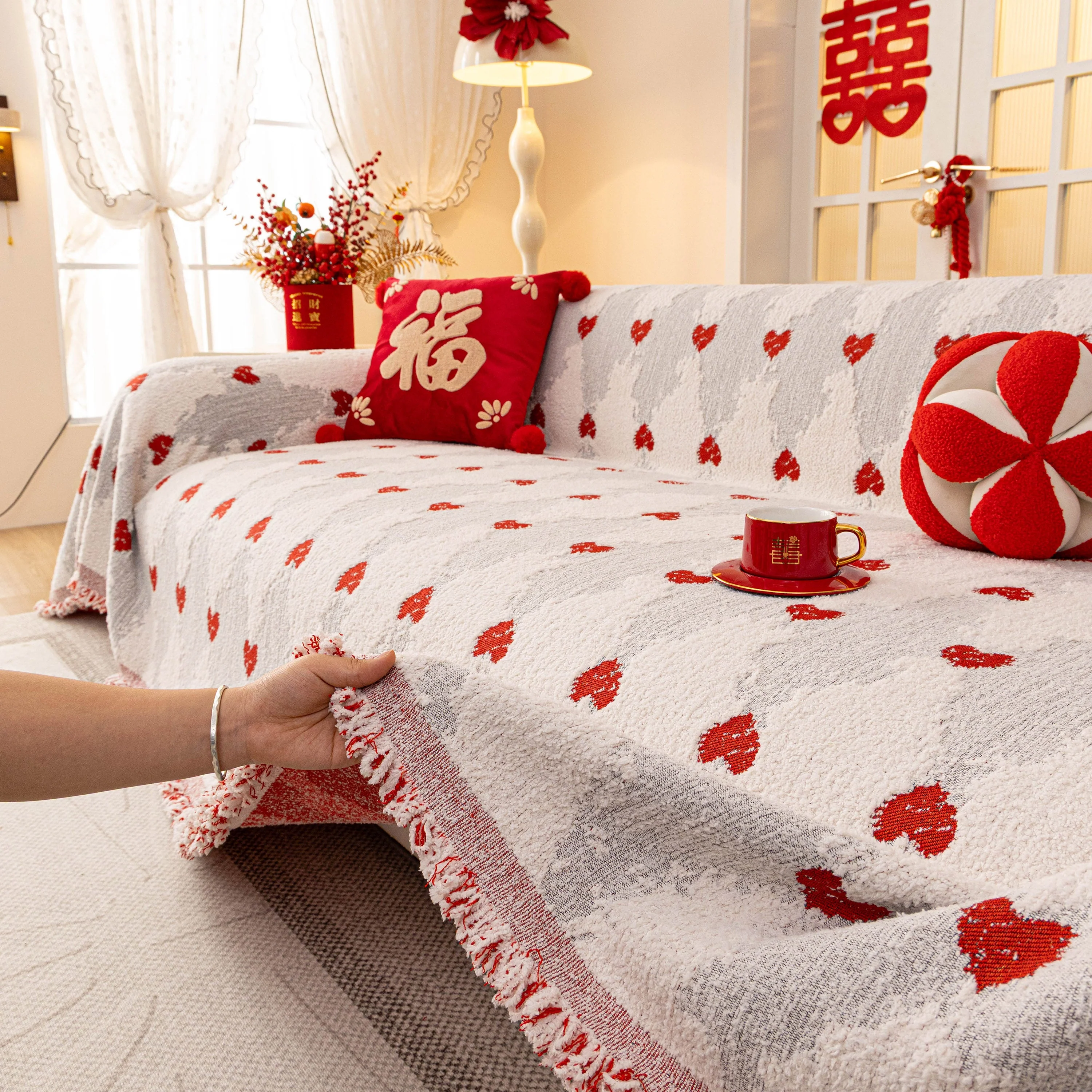 Chinese New Year Sofa Throw Cover Blanket, Decor Festive Red Fu Pattern Couch Cover - Image 15