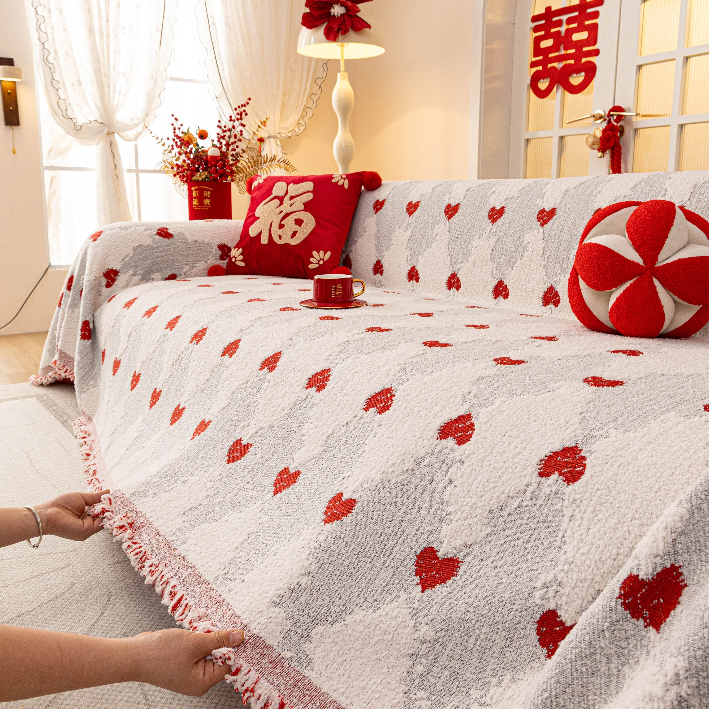 Chinese New Year Sofa Throw Cover Blanket, Decor Festive Red Fu Pattern Couch Cover - Image 16