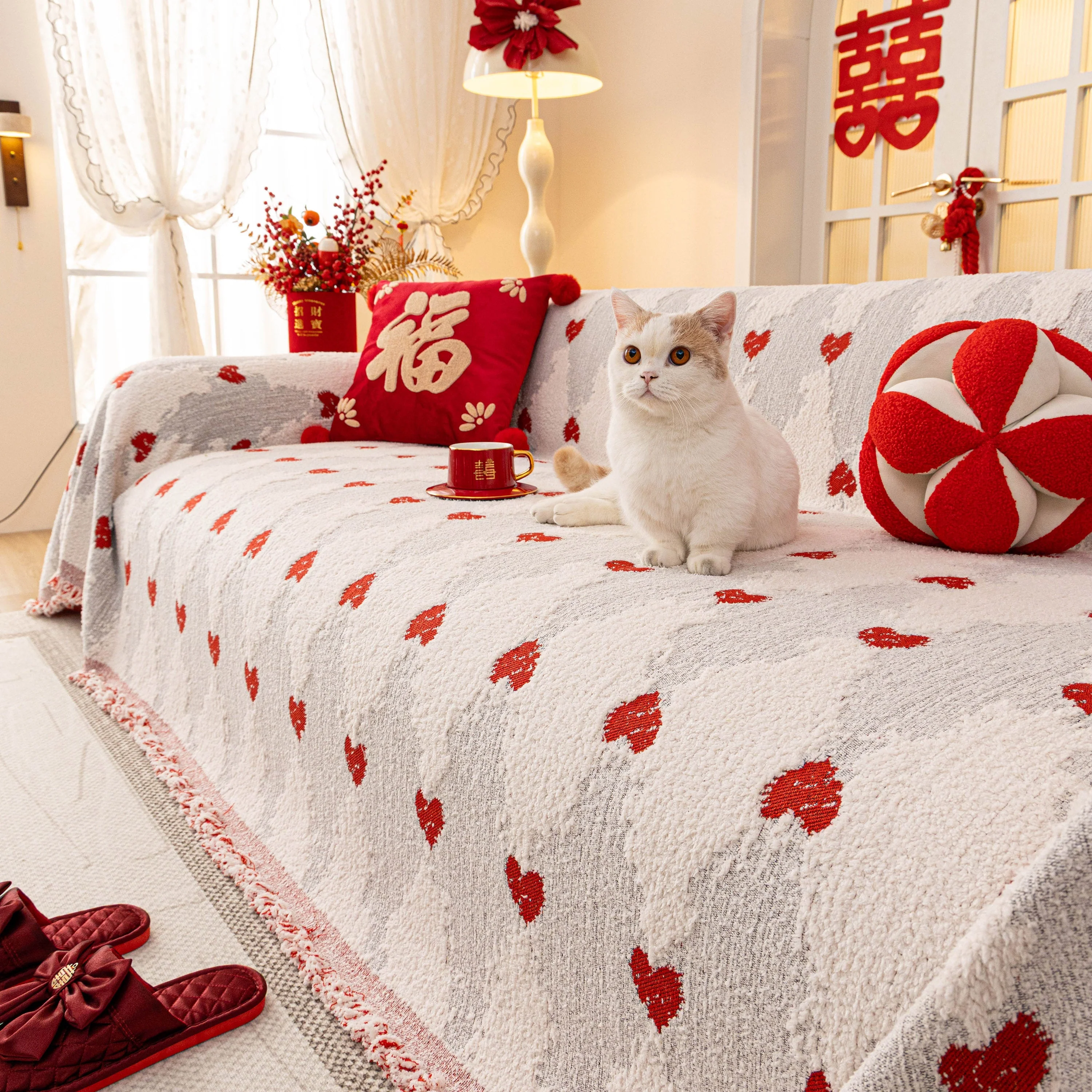 Chinese New Year Sofa Throw Cover Blanket, Decor Festive Red Fu Pattern Couch Cover - Image 18