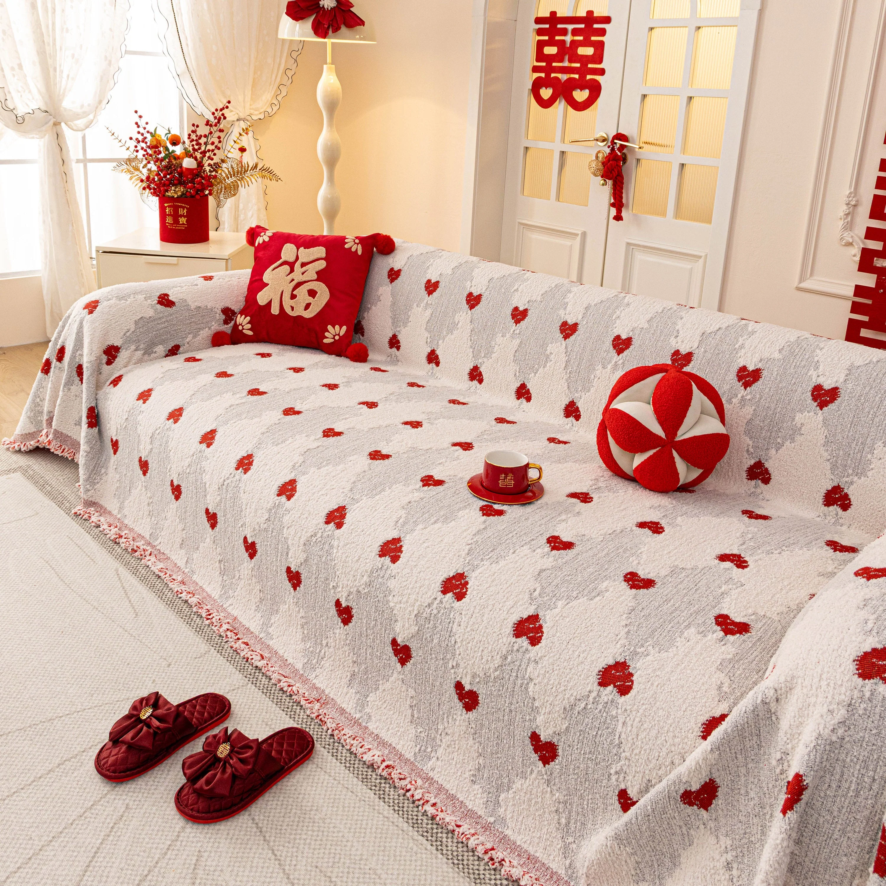 Chinese New Year Sofa Throw Cover Blanket, Decor Festive Red Fu Pattern Couch Cover - Image 19