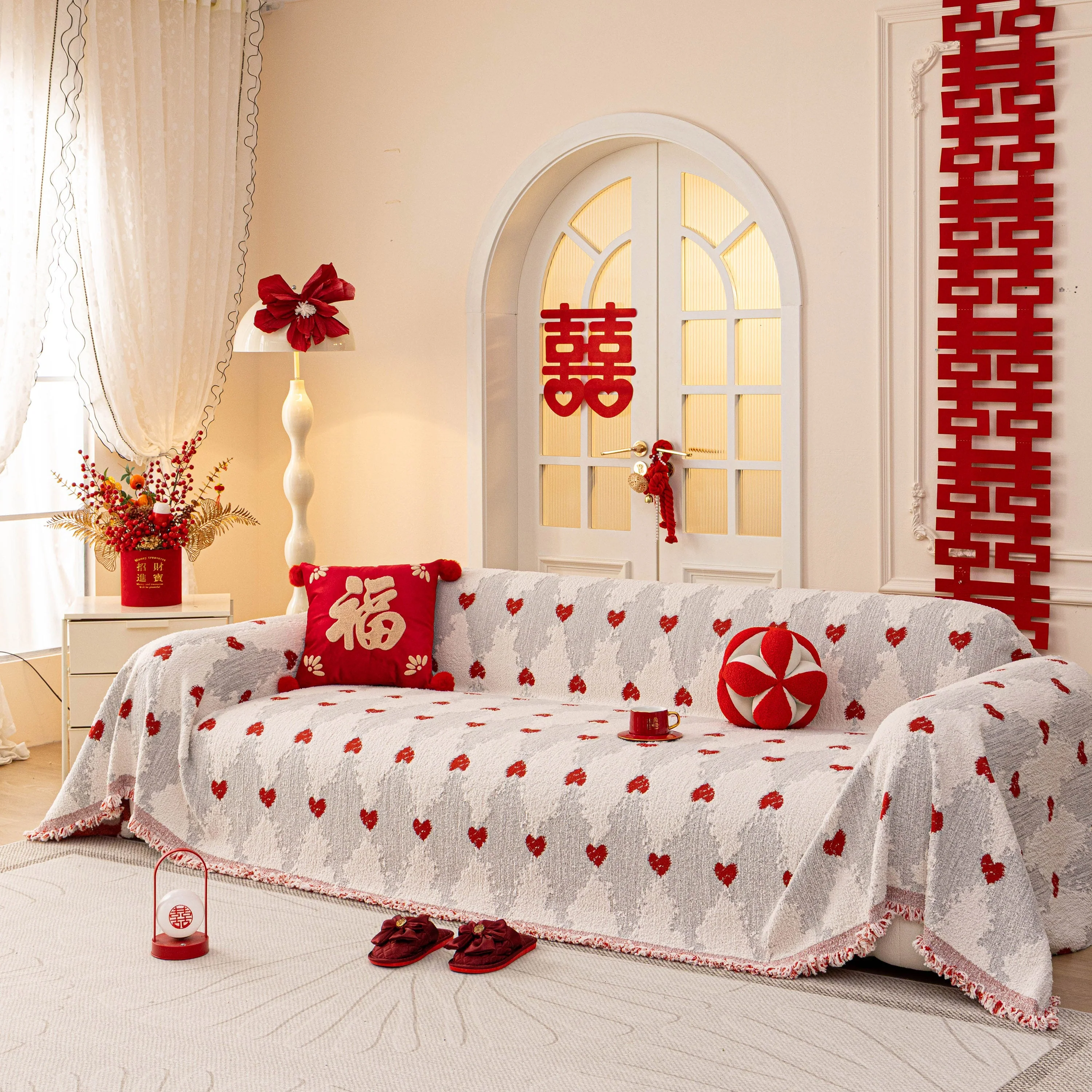 Chinese New Year Sofa Throw Cover Blanket, Decor Festive Red Fu Pattern Couch Cover - Image 2