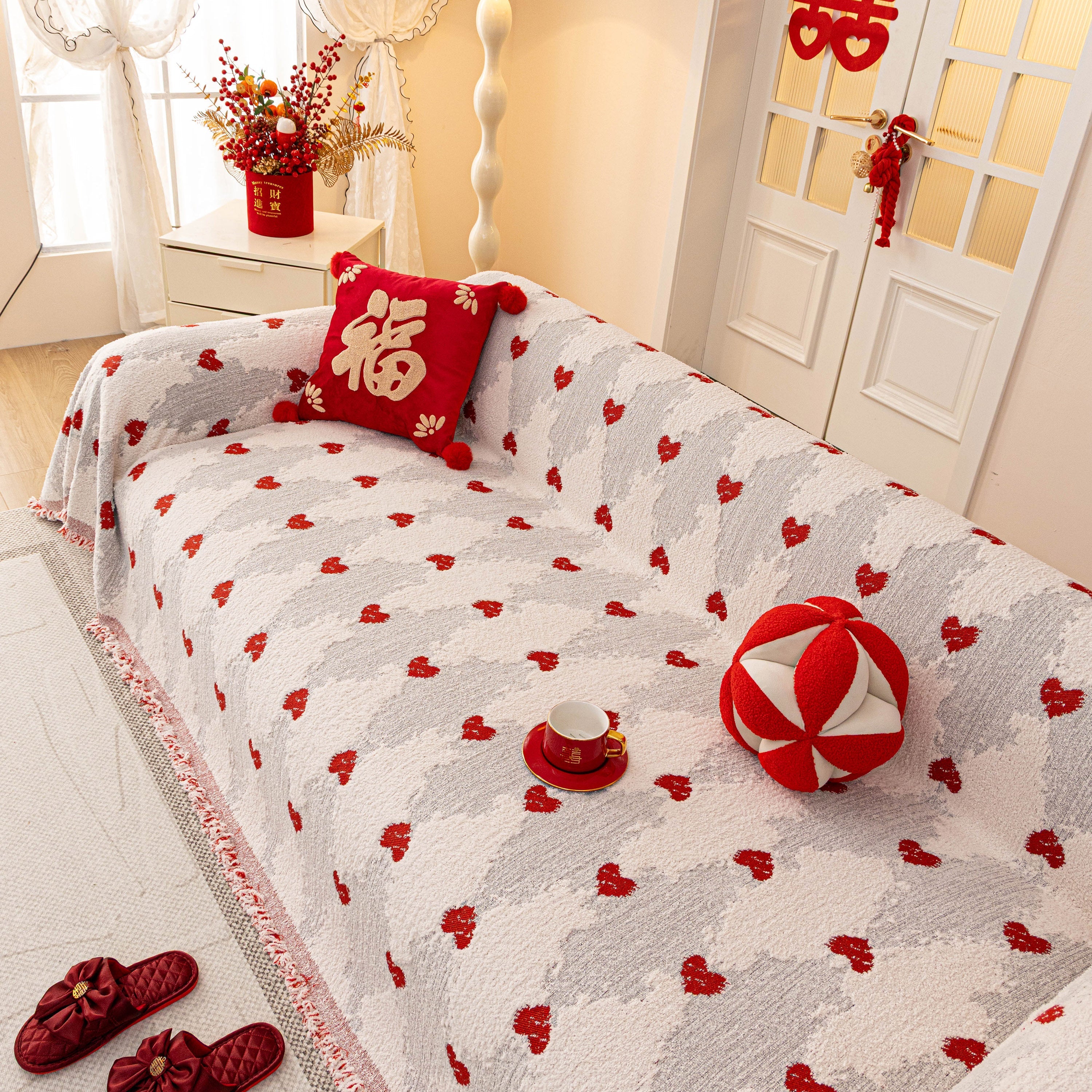 Chinese New Year Sofa Throw Cover Blanket, Decor Festive Red Fu Pattern Couch Cover - Image 20