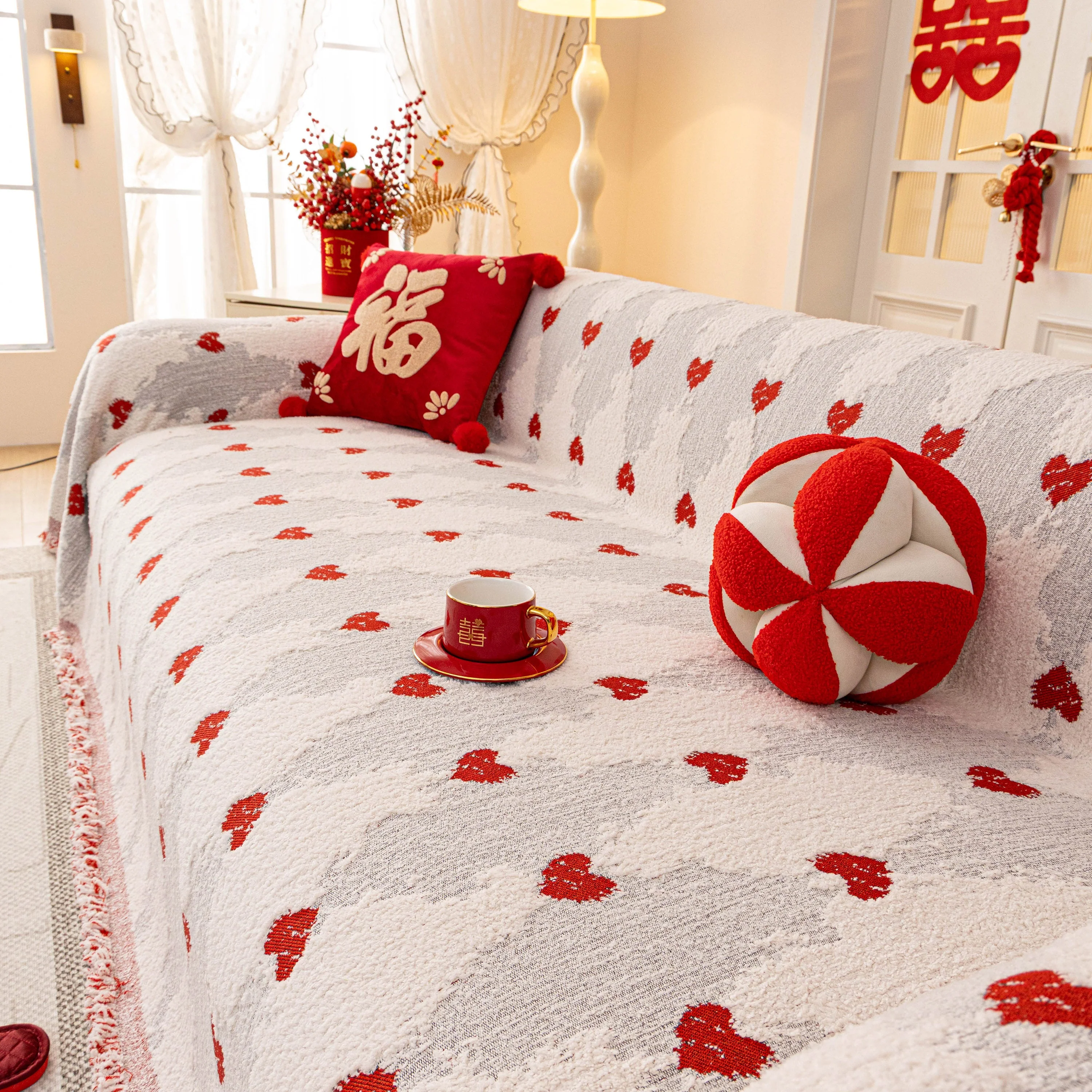 Chinese New Year Sofa Throw Cover Blanket, Decor Festive Red Fu Pattern Couch Cover - Image 21