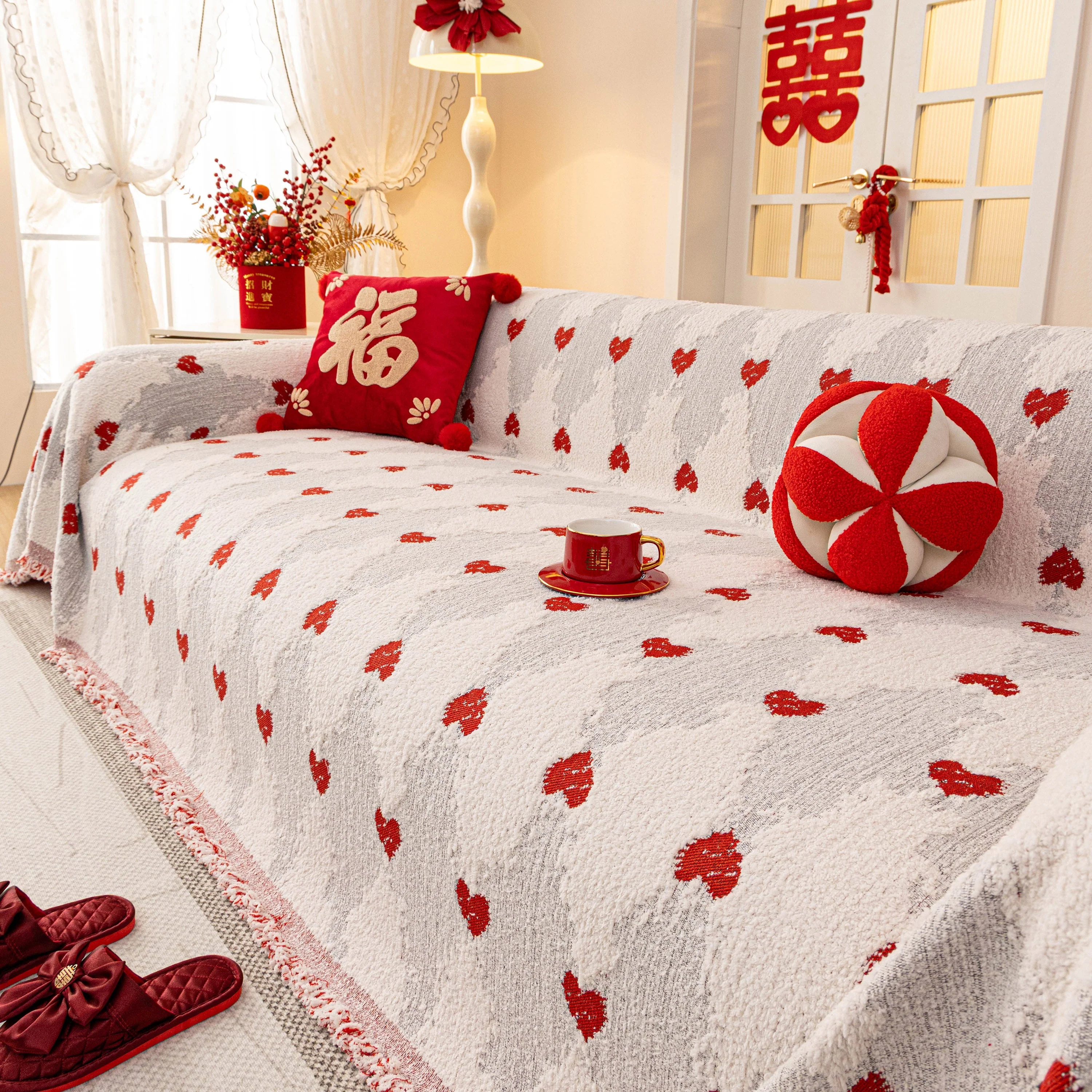 Chinese New Year Sofa Throw Cover Blanket, Decor Festive Red Fu Pattern Couch Cover - Image 22