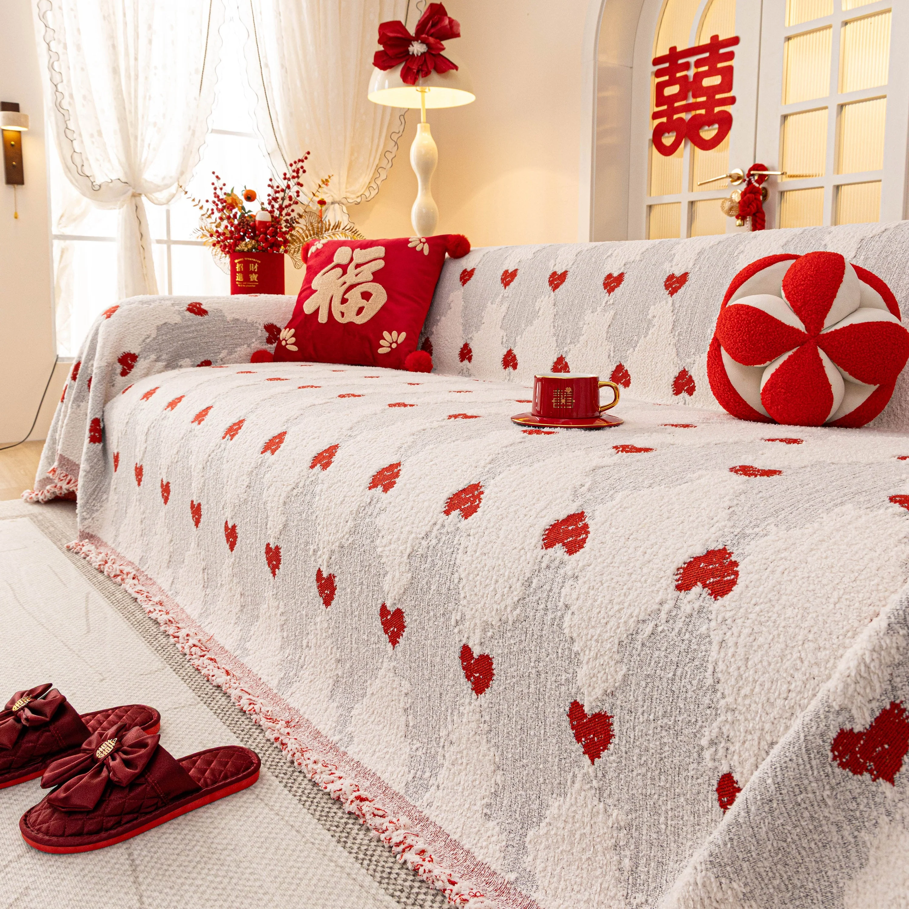 Chinese New Year Sofa Throw Cover Blanket, Decor Festive Red Fu Pattern Couch Cover - Image 23