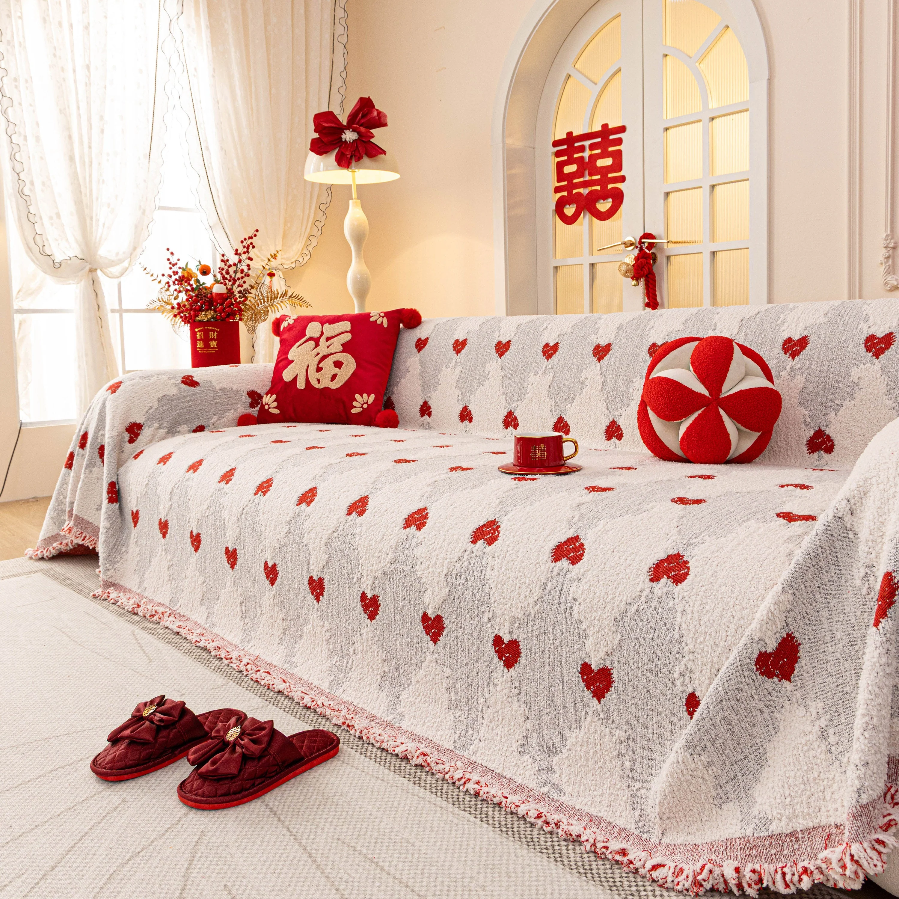 Chinese New Year Sofa Throw Cover Blanket, Decor Festive Red Fu Pattern Couch Cover - Image 24