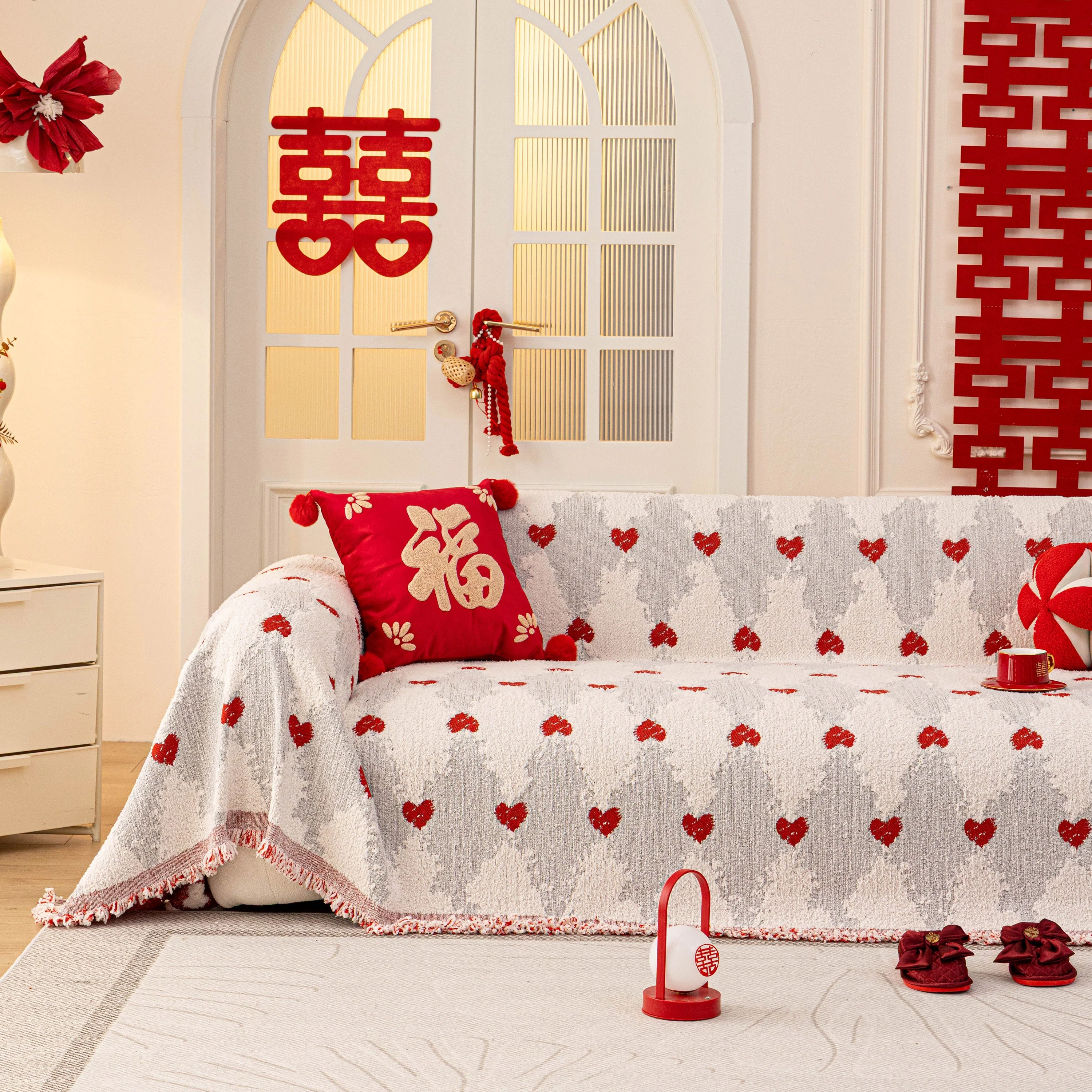 Chinese New Year Sofa Throw Cover Blanket, Decor Festive Red Fu Pattern Couch Cover - Image 25