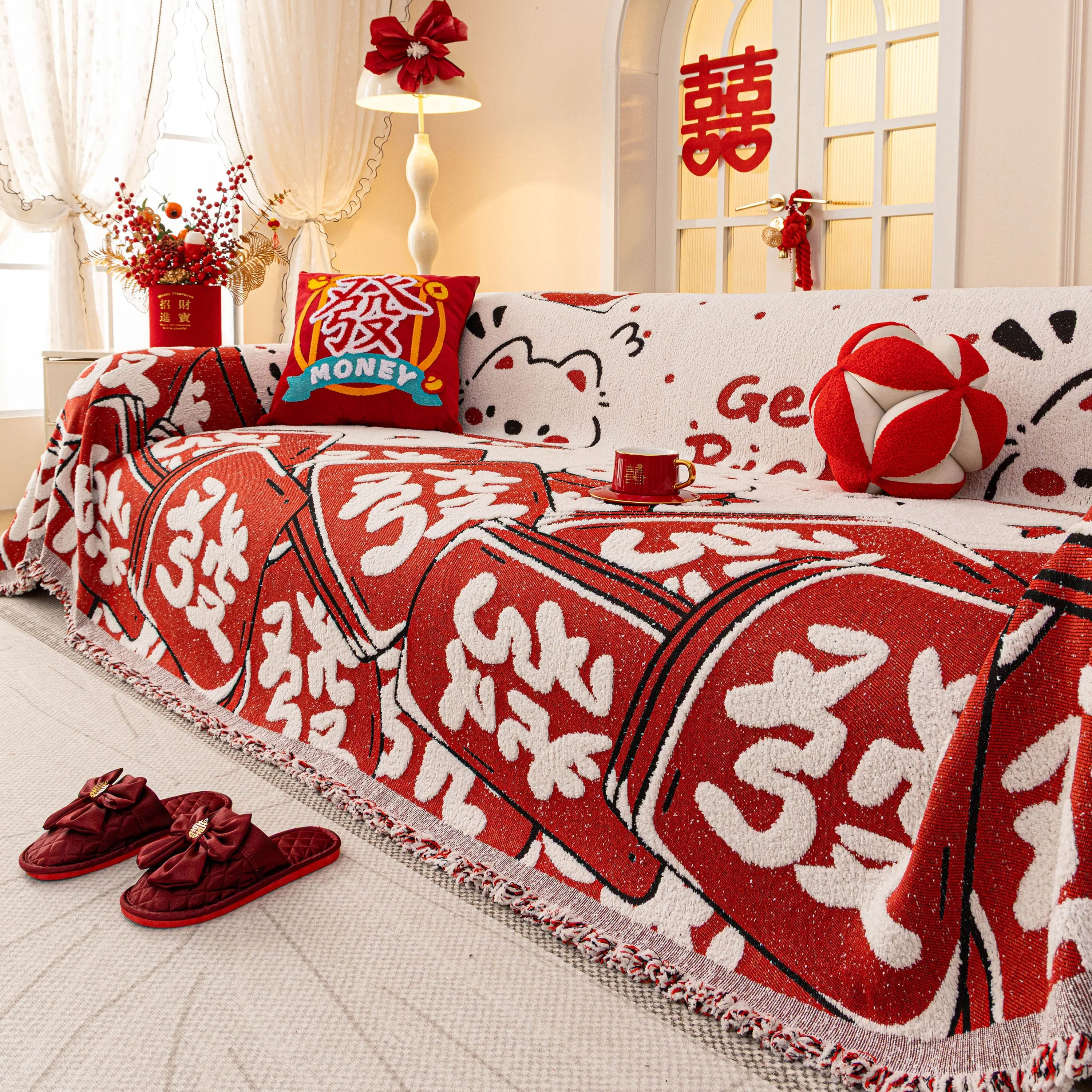 Chinese New Year Sofa Throw Cover Blanket, Decor Festive Red Fu Pattern Couch Cover - Image 26