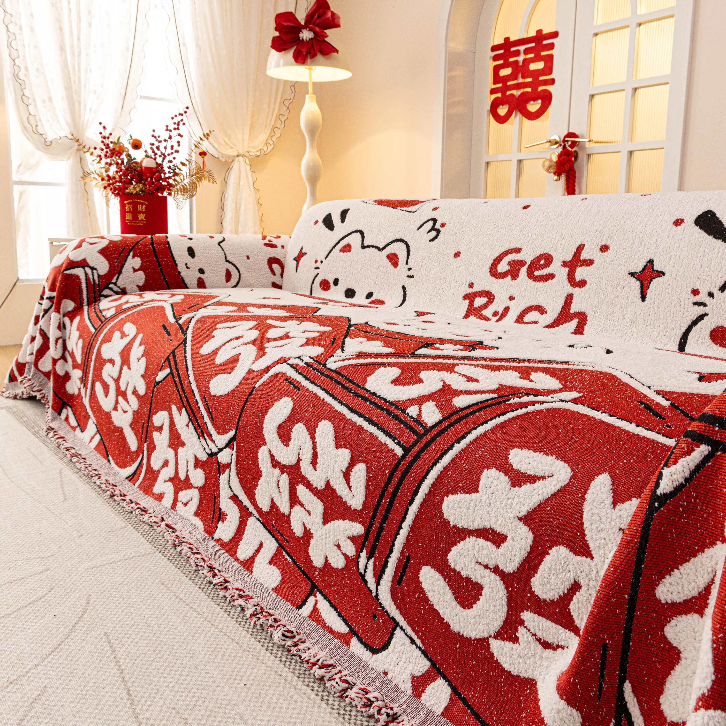 Chinese New Year Sofa Throw Cover Blanket, Decor Festive Red Fu Pattern Couch Cover - Image 27