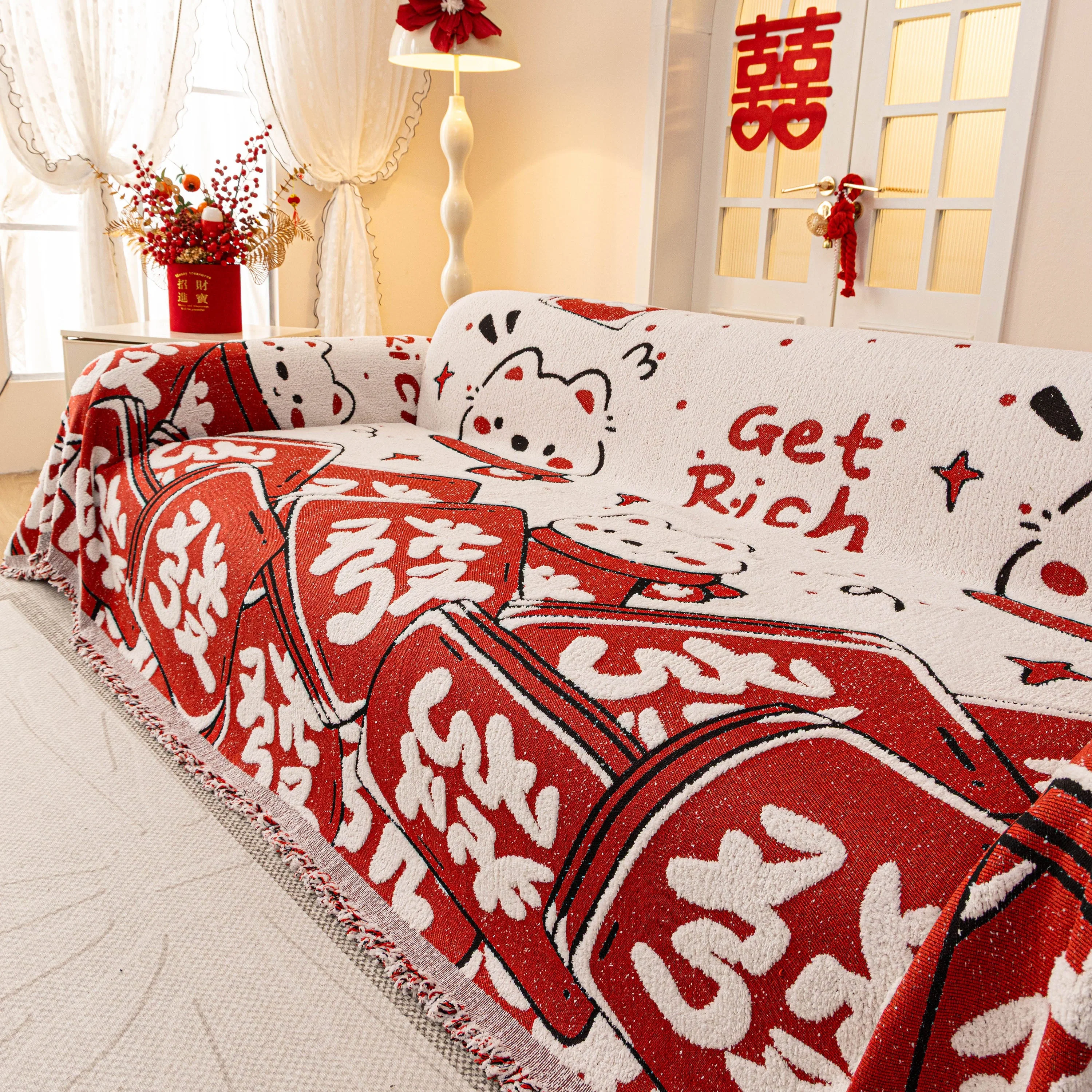 Chinese New Year Sofa Throw Cover Blanket, Decor Festive Red Fu Pattern Couch Cover - Image 28