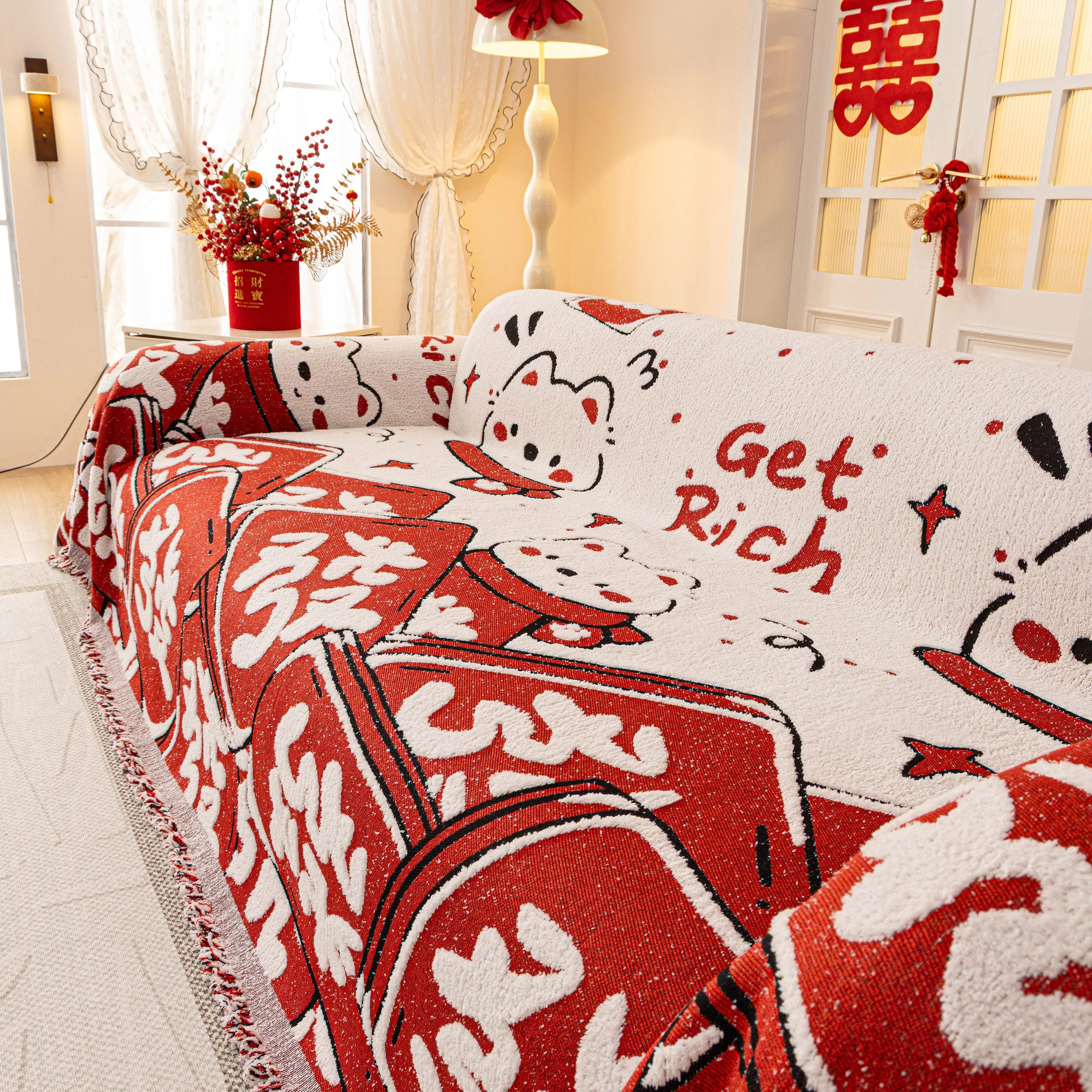 Chinese New Year Sofa Throw Cover Blanket, Decor Festive Red Fu Pattern Couch Cover - Image 29