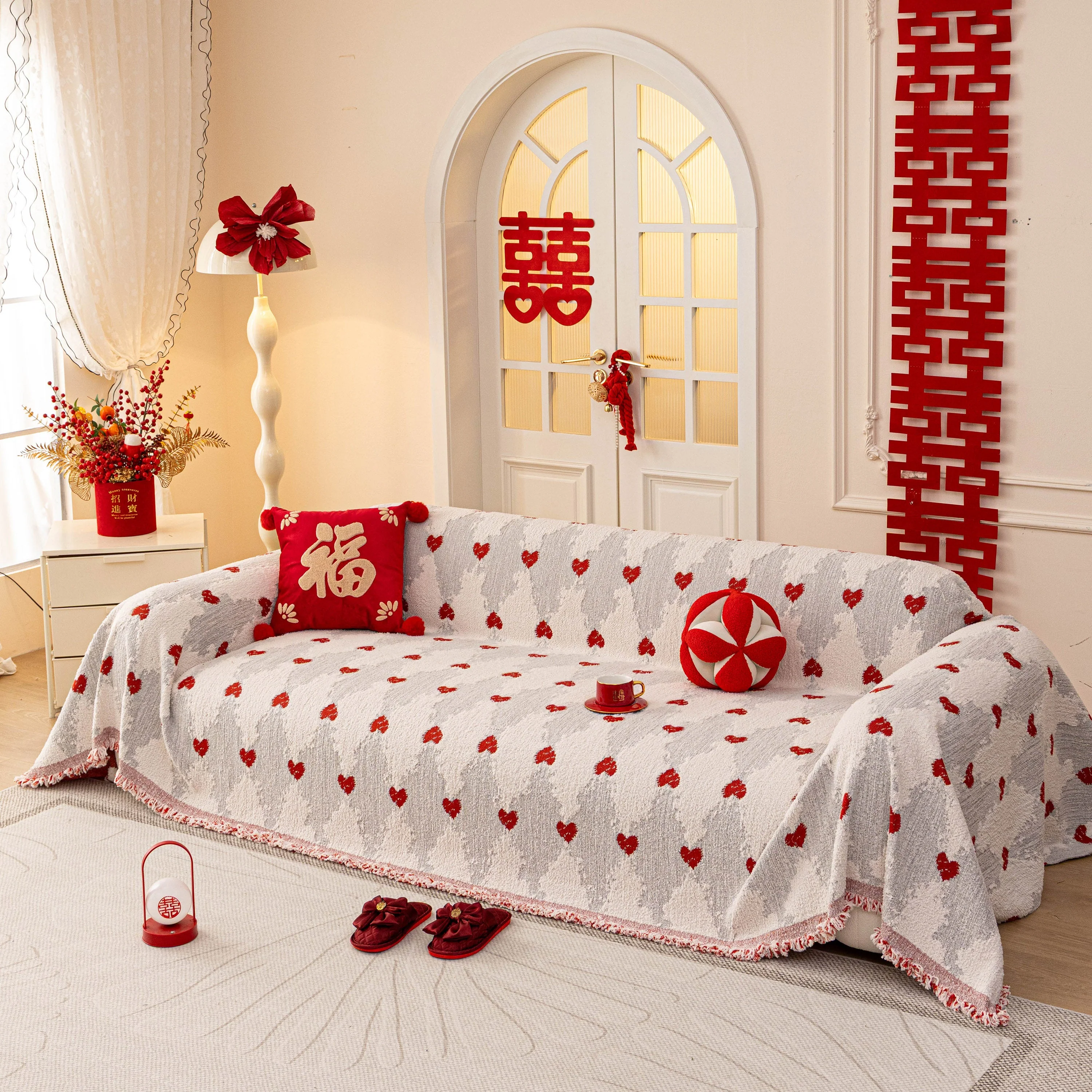 Chinese New Year Sofa Throw Cover Blanket, Decor Festive Red Fu Pattern Couch Cover - Image 3