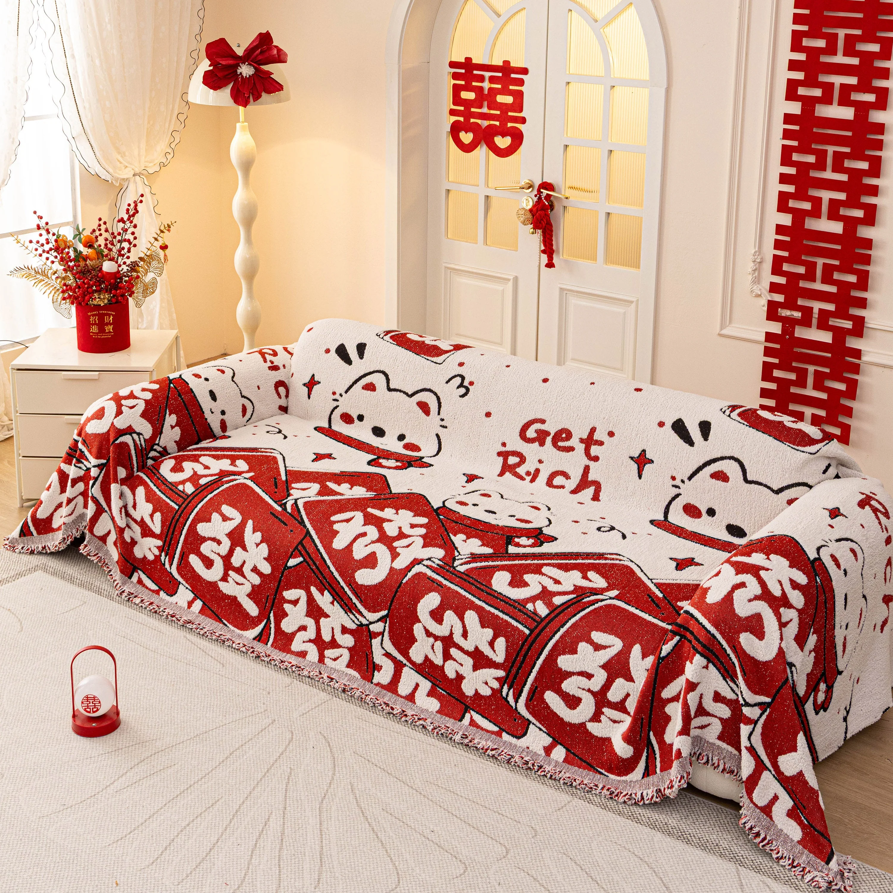 Chinese New Year Sofa Throw Cover Blanket, Decor Festive Red Fu Pattern Couch Cover - Image 30