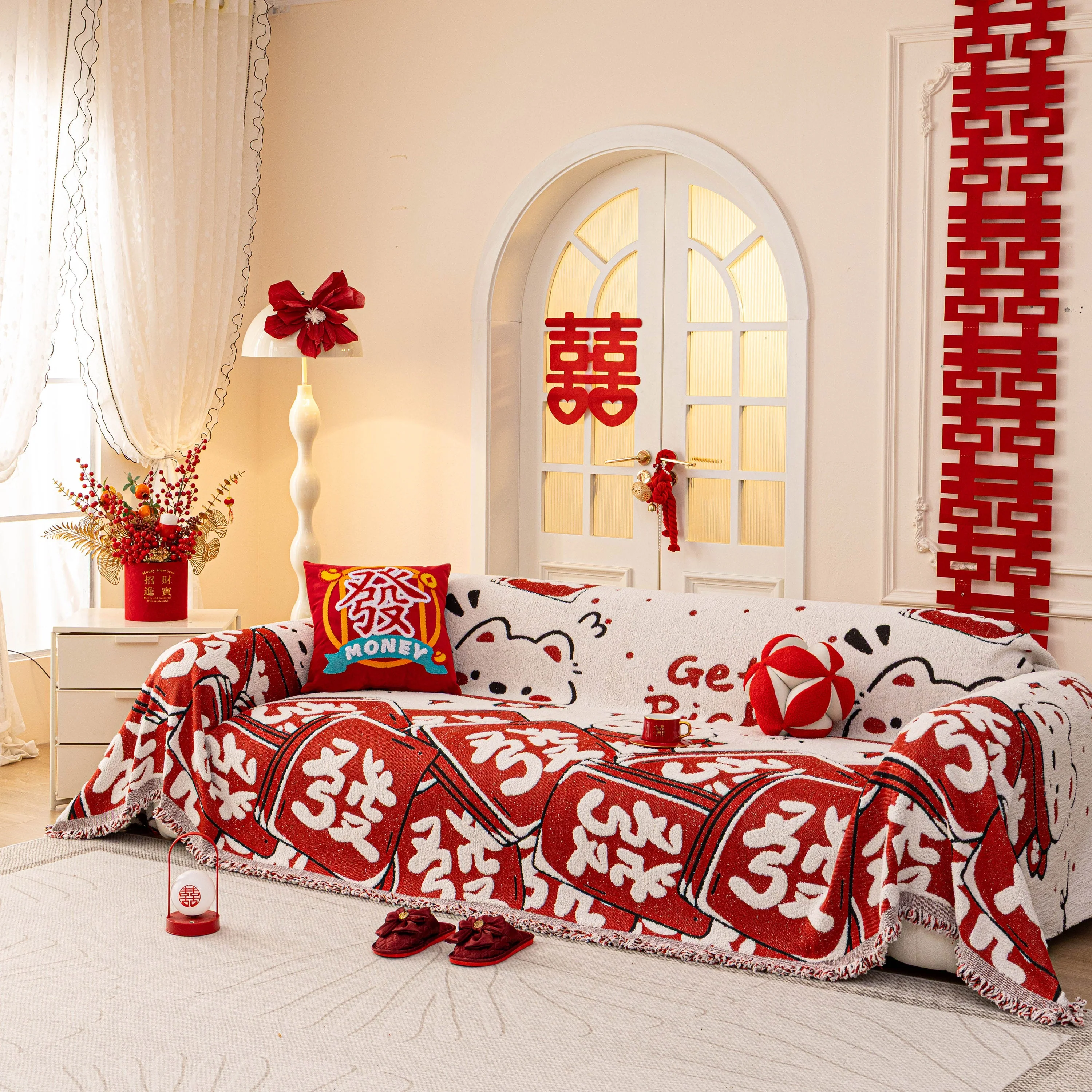 Chinese New Year Sofa Throw Cover Blanket, Decor Festive Red Fu Pattern Couch Cover - Image 31