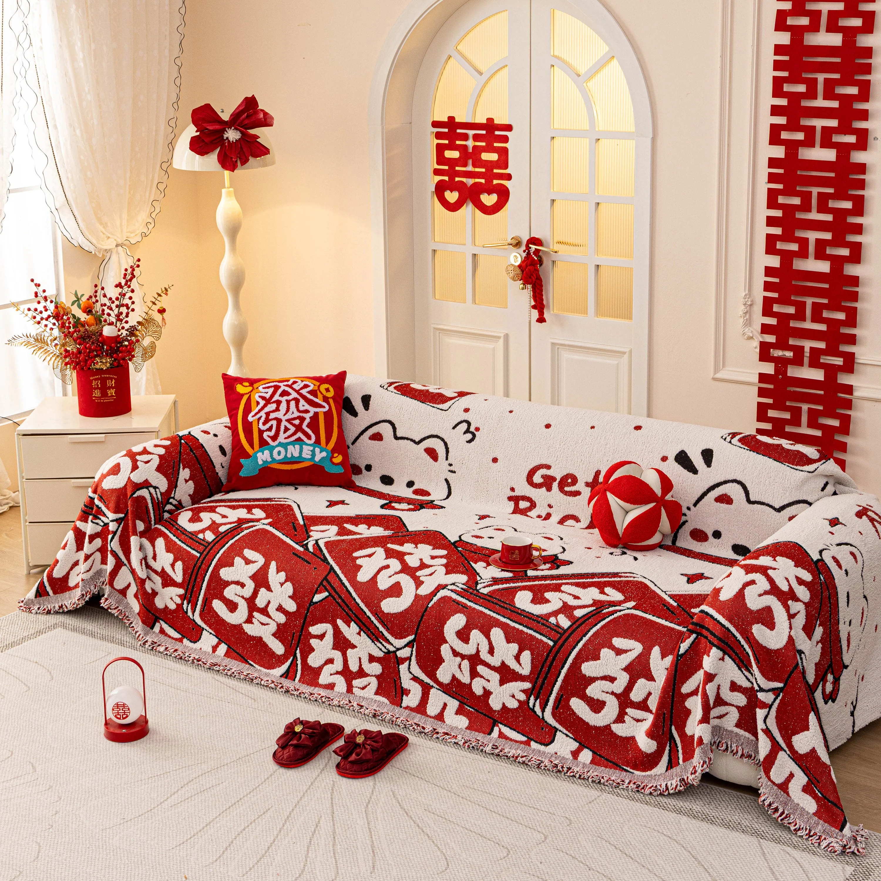 Chinese New Year Sofa Throw Cover Blanket, Decor Festive Red Fu Pattern Couch Cover - Image 32