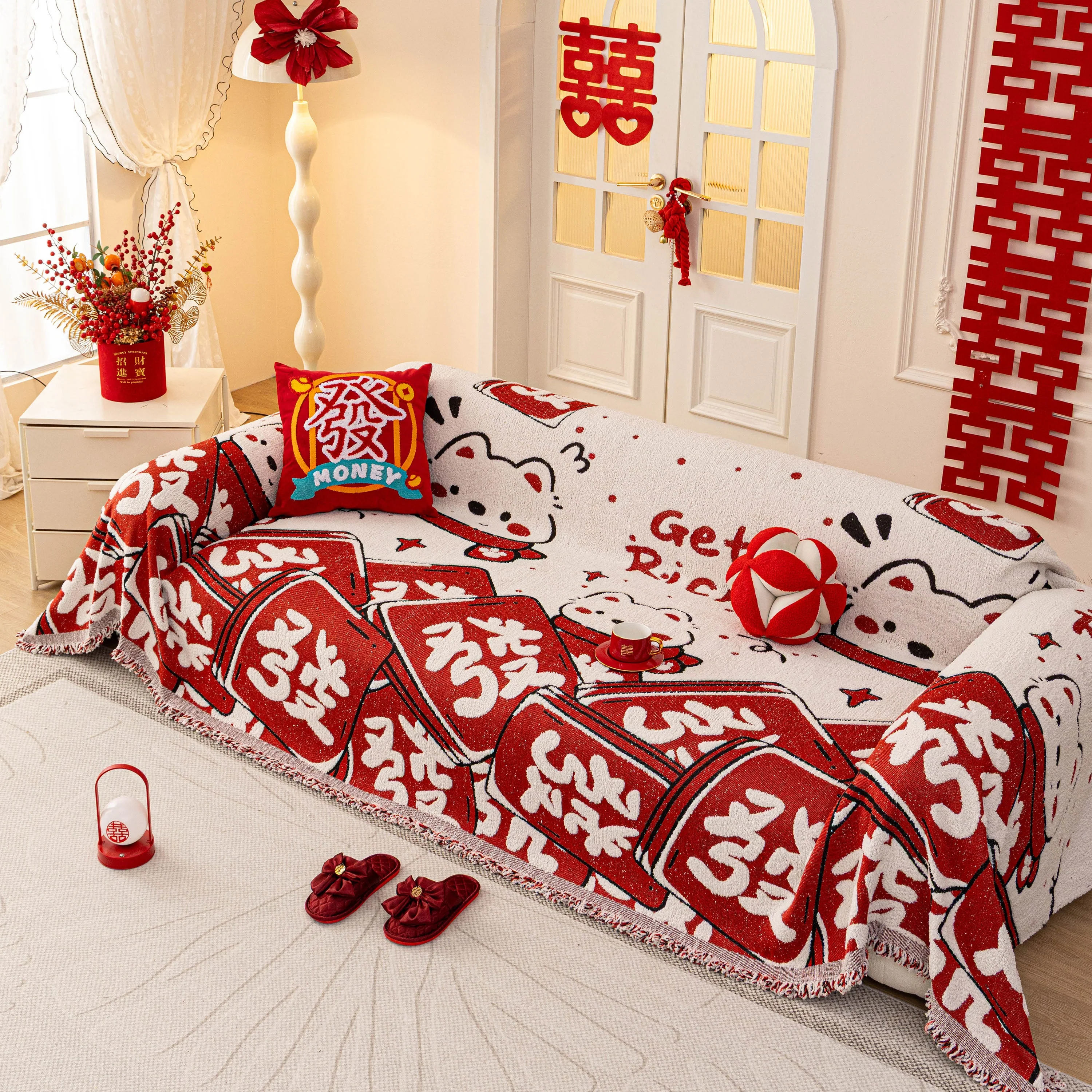 Chinese New Year Sofa Throw Cover Blanket, Decor Festive Red Fu Pattern Couch Cover - Image 33