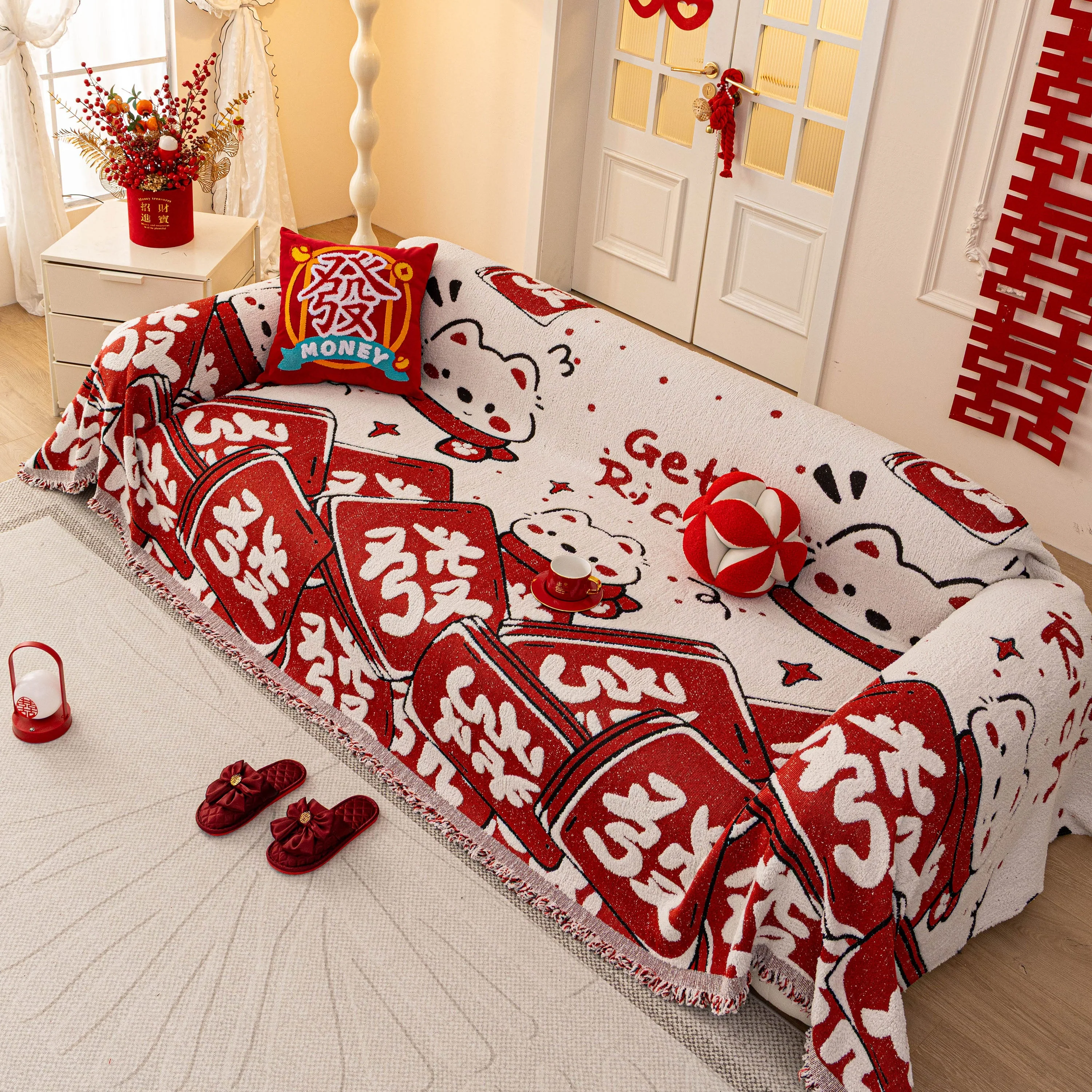 Chinese New Year Sofa Throw Cover Blanket, Decor Festive Red Fu Pattern Couch Cover - Image 34