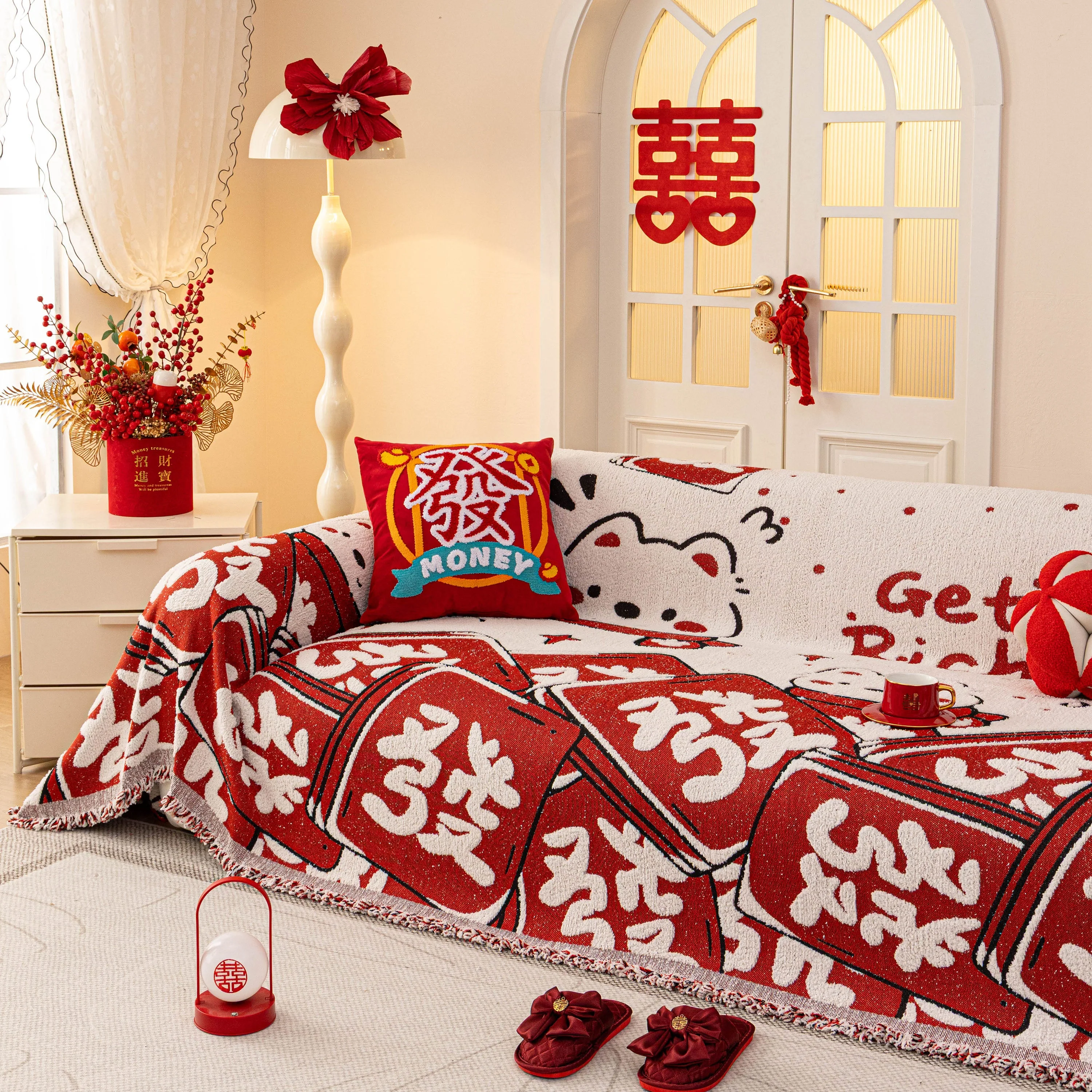 Chinese New Year Sofa Throw Cover Blanket, Decor Festive Red Fu Pattern Couch Cover - Image 35