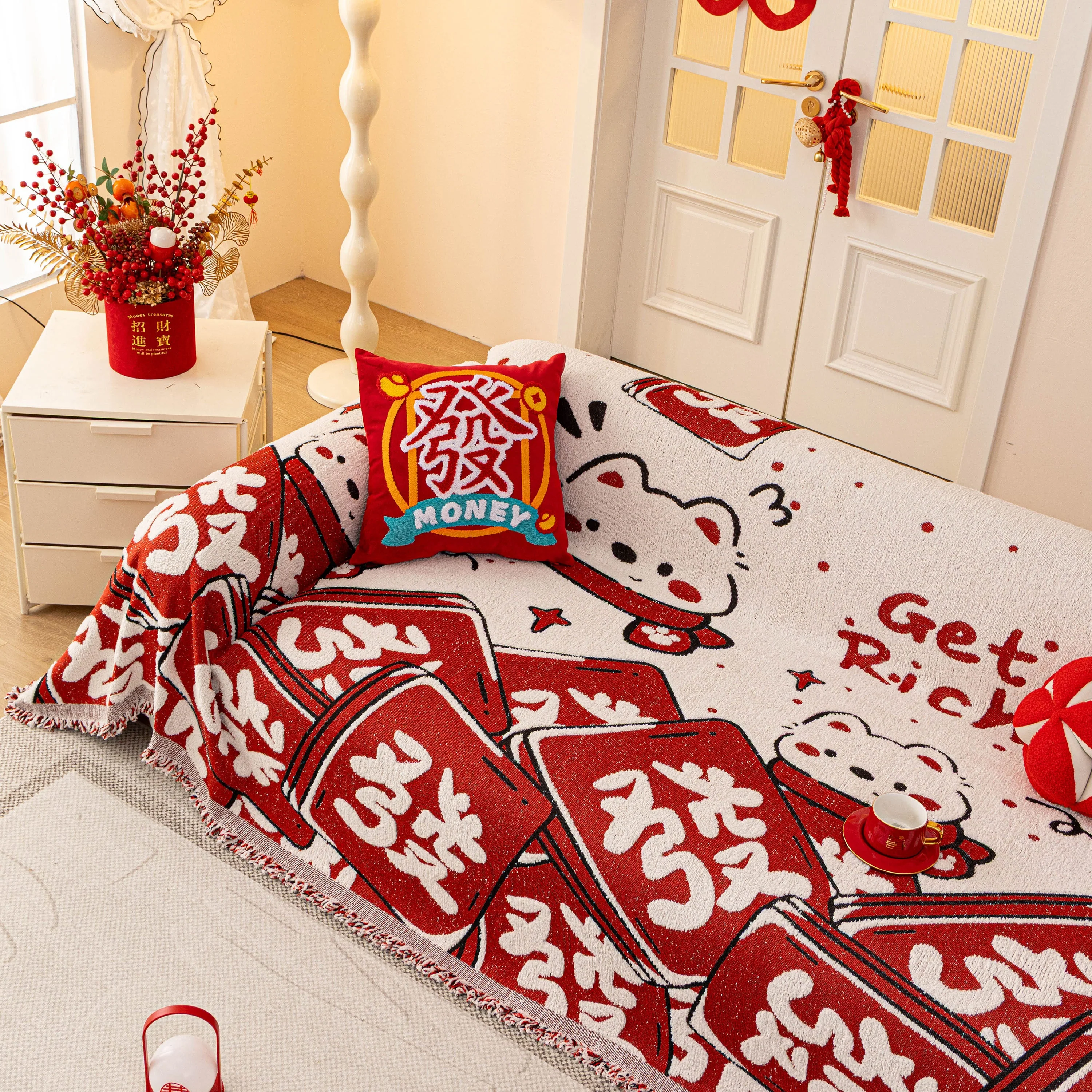 Chinese New Year Sofa Throw Cover Blanket, Decor Festive Red Fu Pattern Couch Cover - Image 36