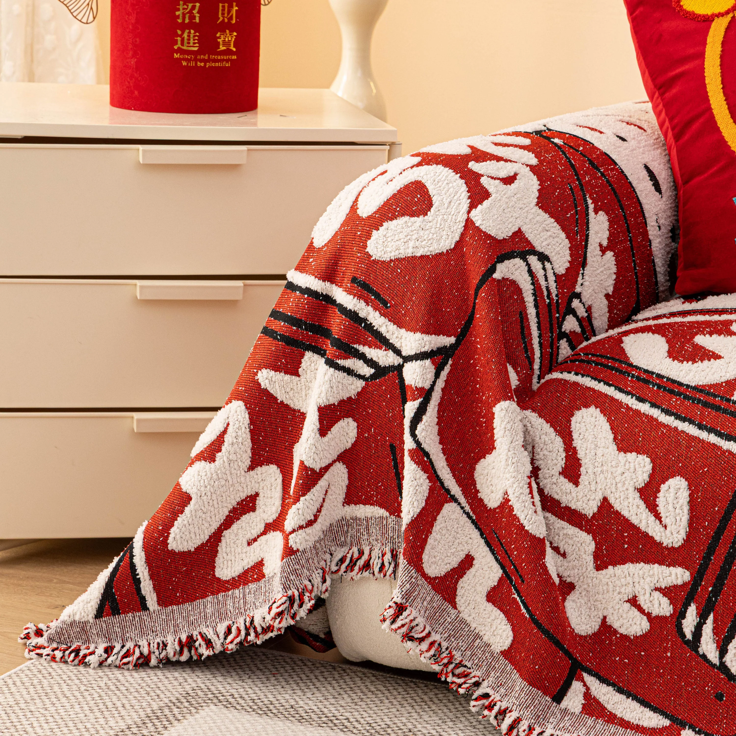 Chinese New Year Sofa Throw Cover Blanket, Decor Festive Red Fu Pattern Couch Cover - Image 37