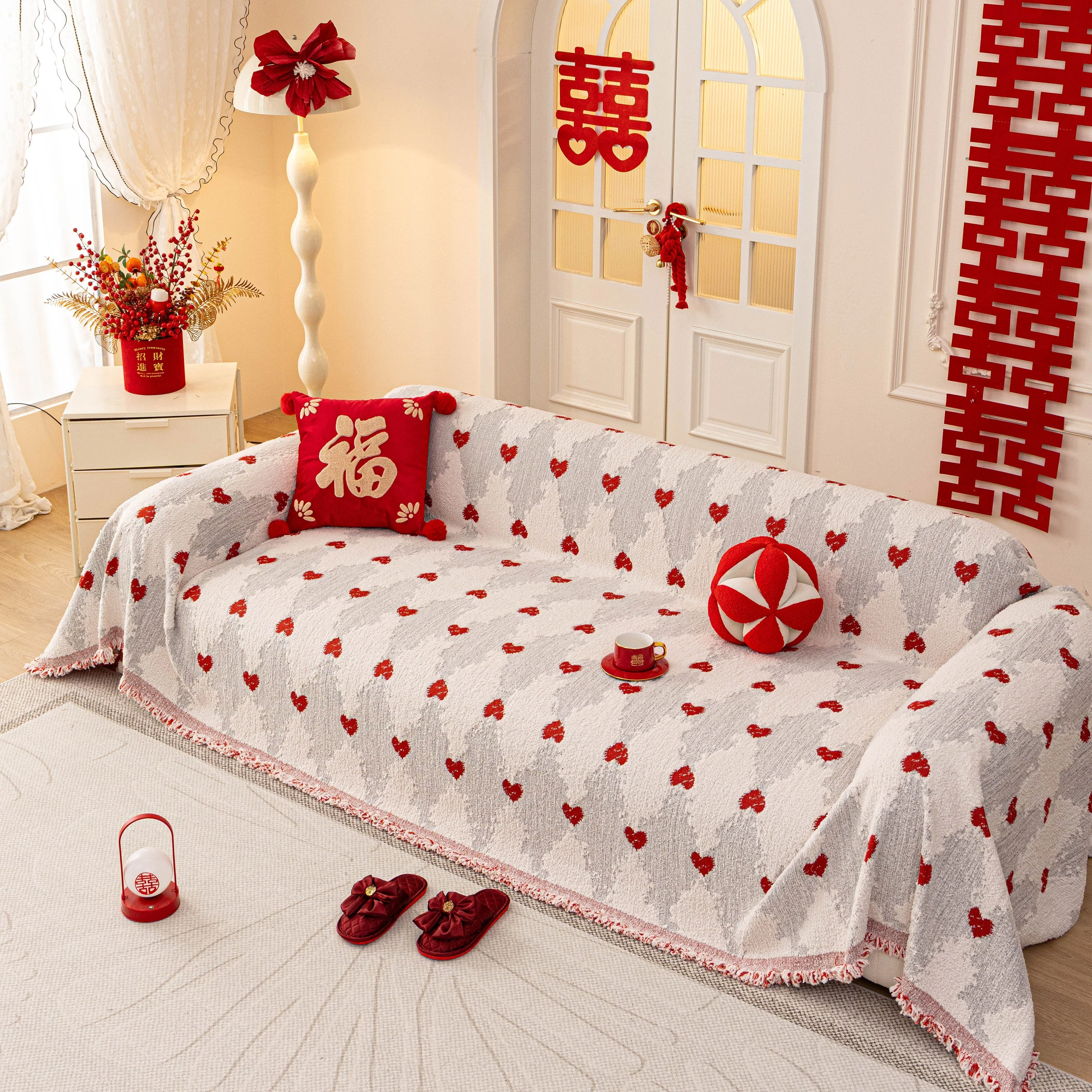 Chinese New Year Sofa Throw Cover Blanket, Decor Festive Red Fu Pattern Couch Cover - Image 4