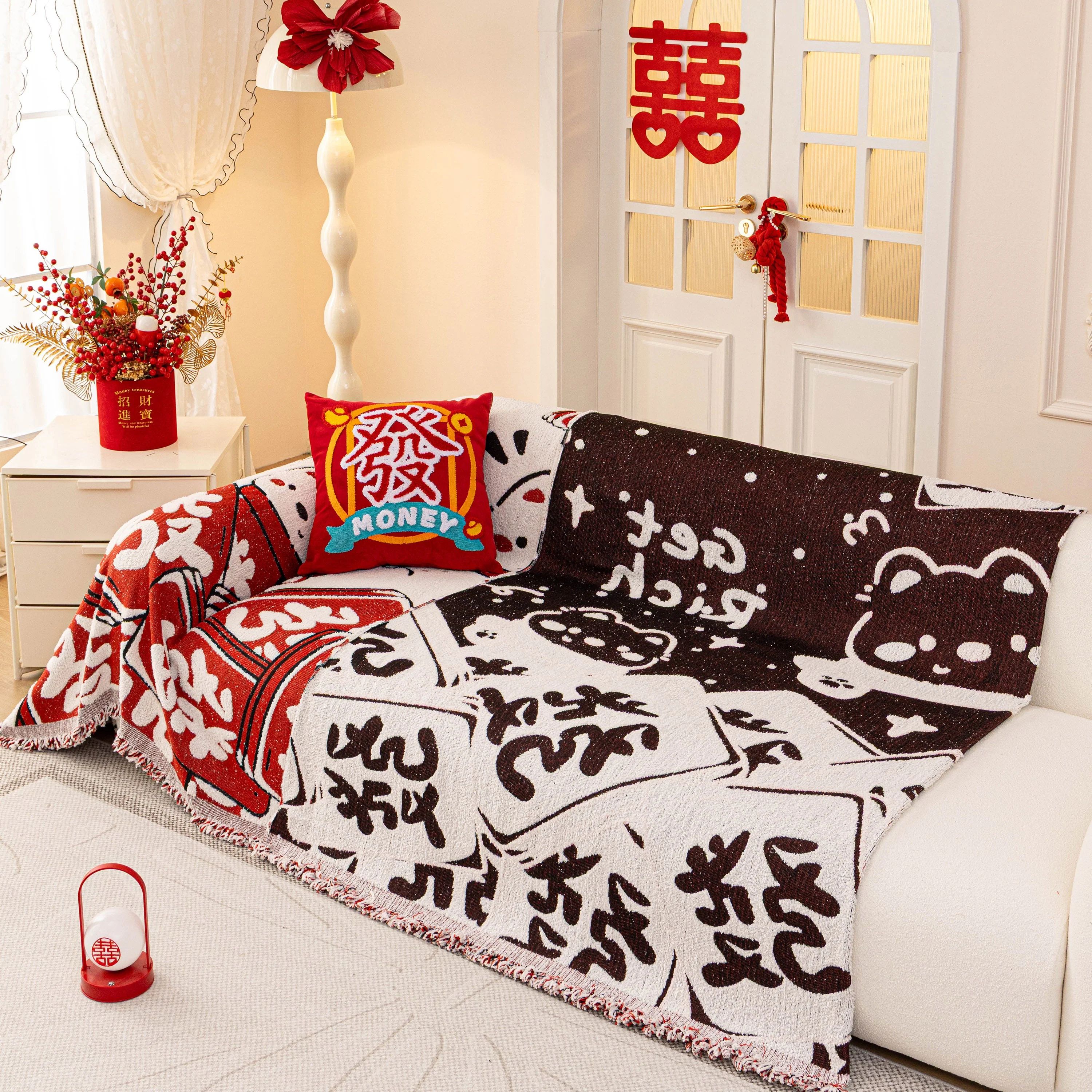 Chinese New Year Sofa Throw Cover Blanket, Decor Festive Red Fu Pattern Couch Cover - Image 44