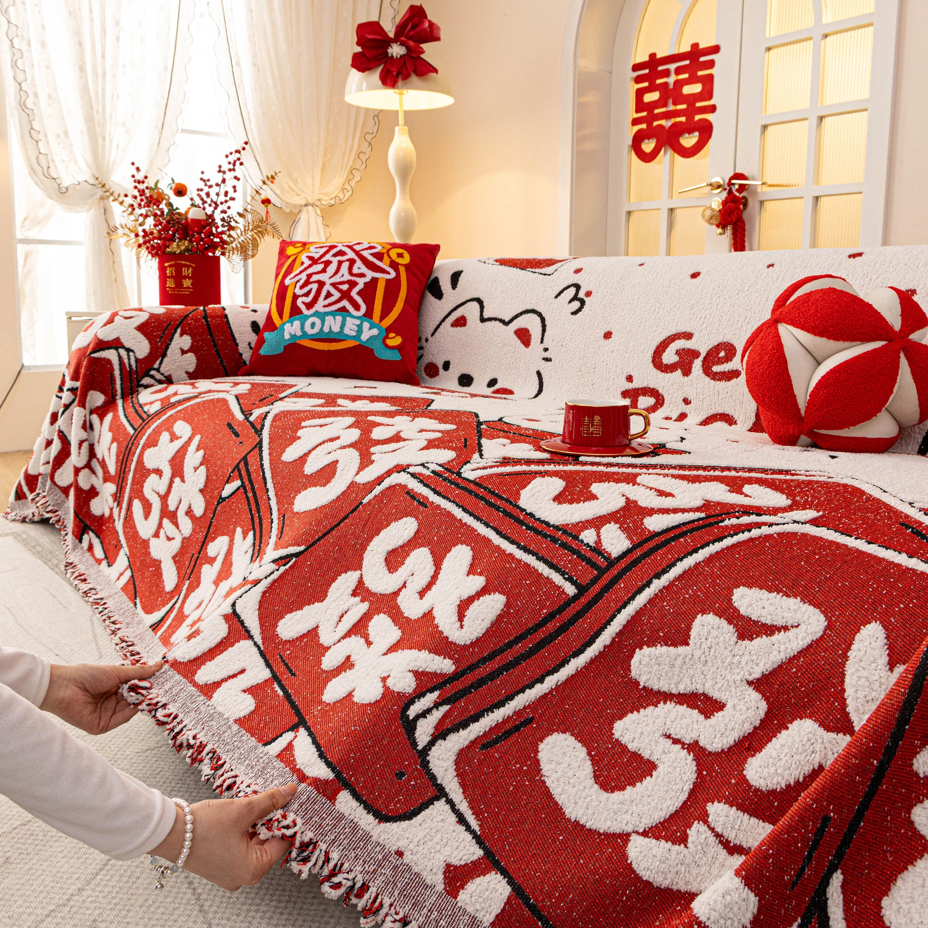 Chinese New Year Sofa Throw Cover Blanket, Decor Festive Red Fu Pattern Couch Cover - Image 47