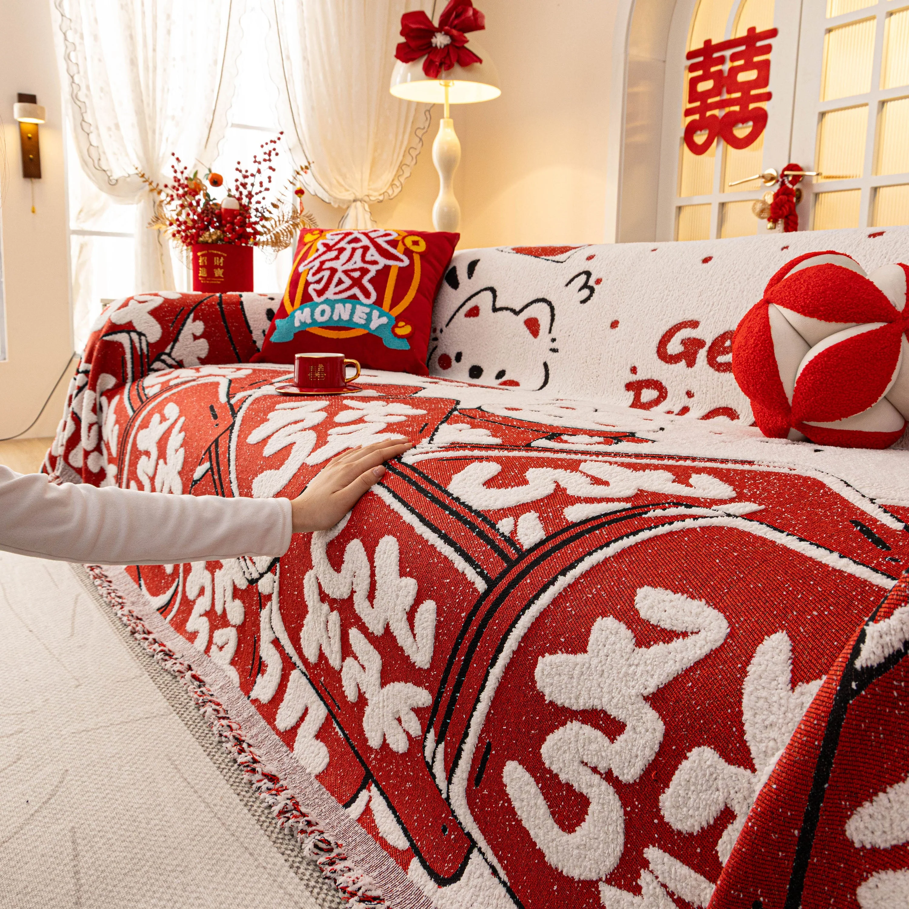 Chinese New Year Sofa Throw Cover Blanket, Decor Festive Red Fu Pattern Couch Cover - Image 48