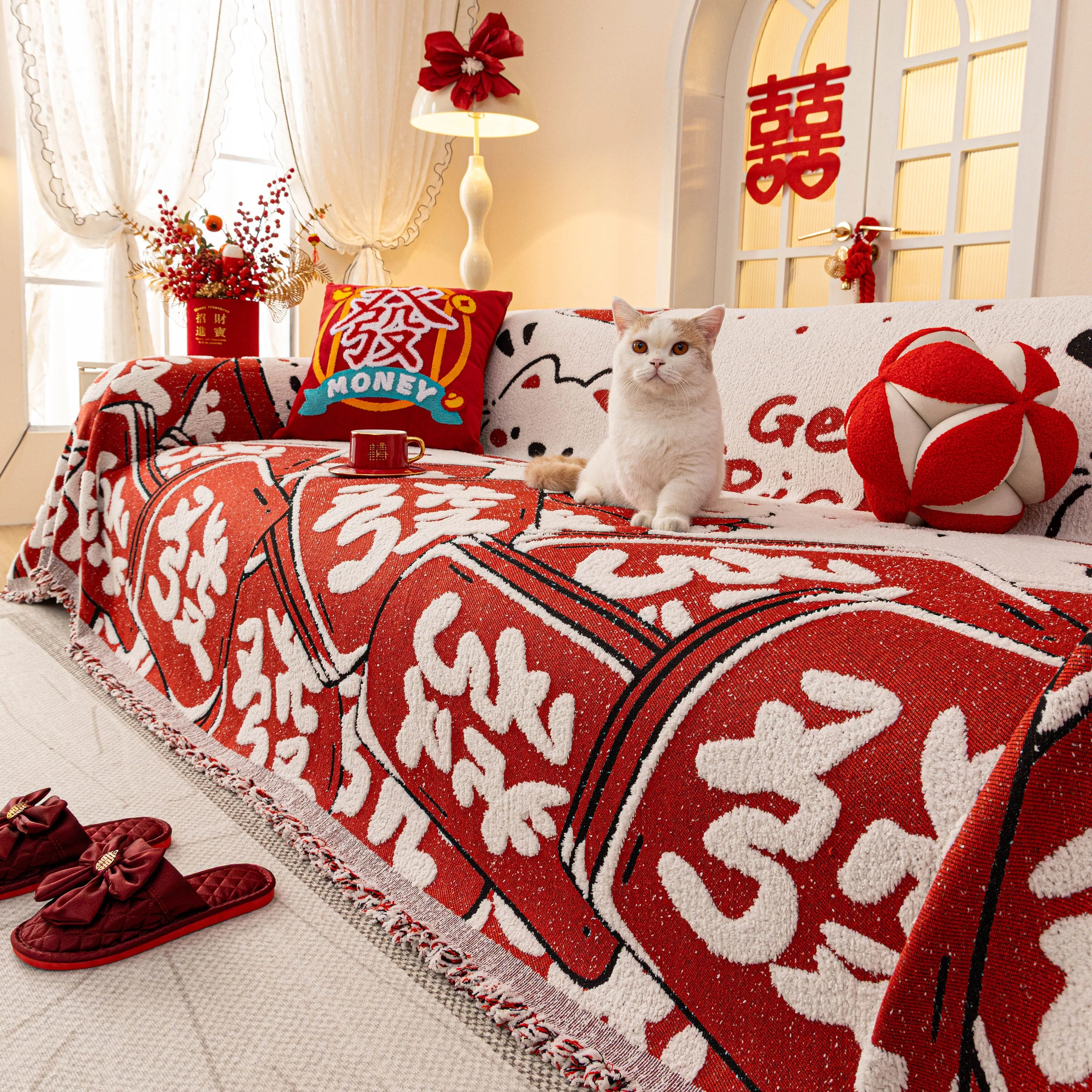 Chinese New Year Sofa Throw Cover Blanket, Decor Festive Red Fu Pattern Couch Cover - Image 49