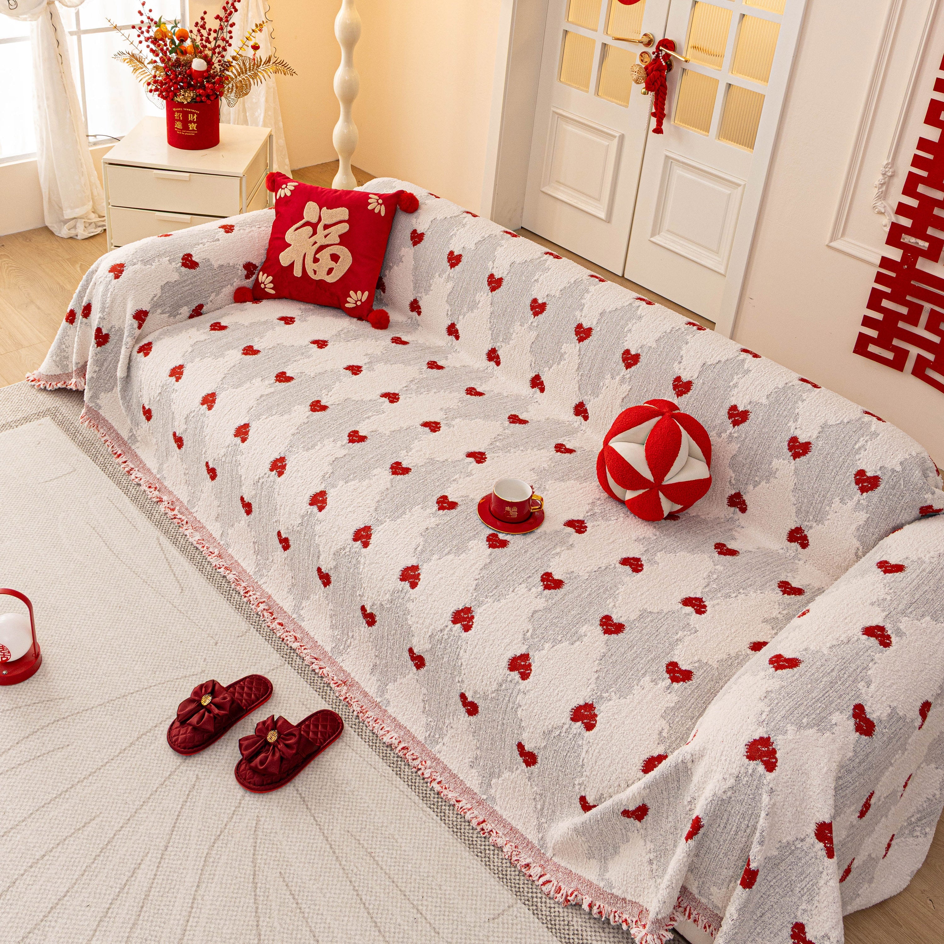 Chinese New Year Sofa Throw Cover Blanket, Decor Festive Red Fu Pattern Couch Cover - Image 5