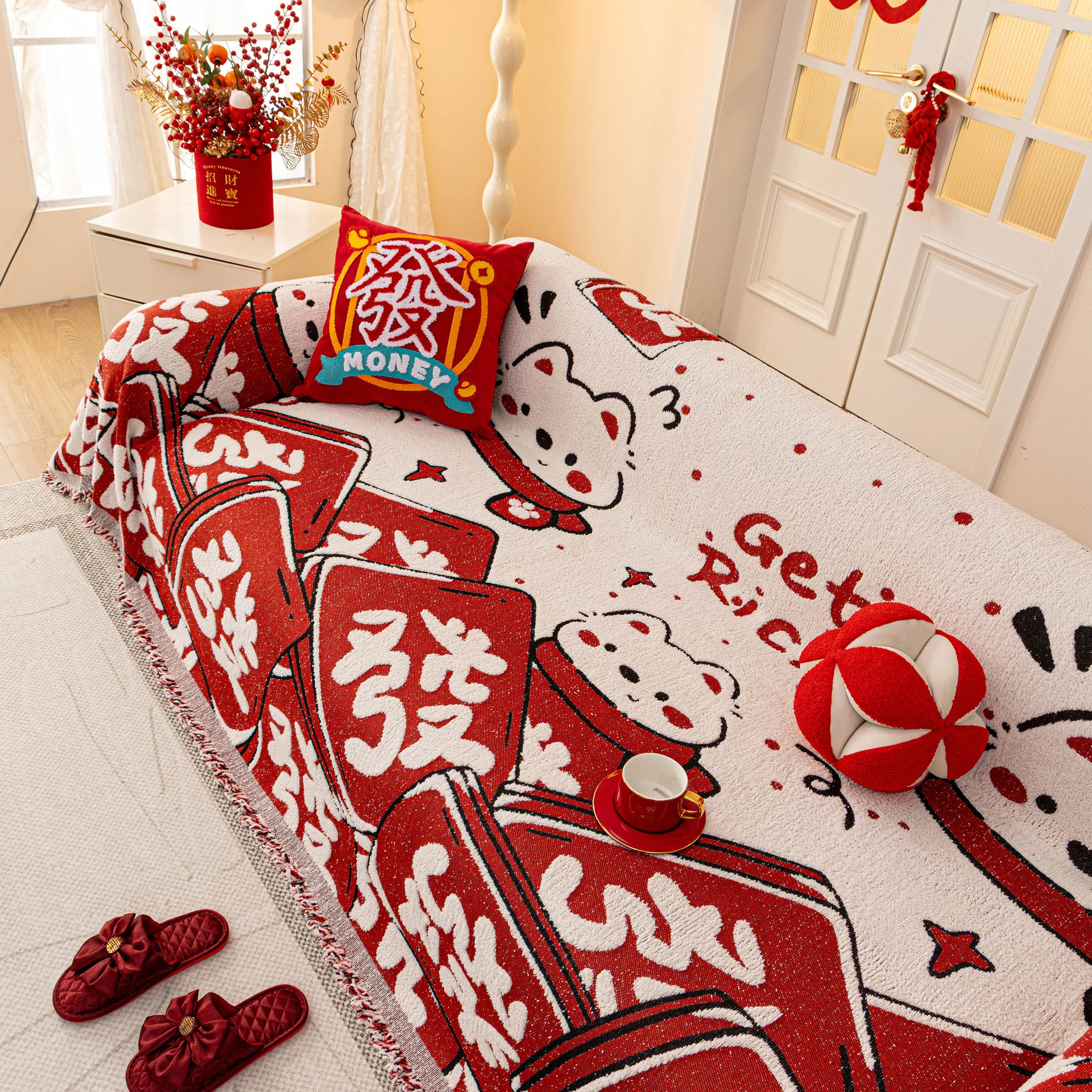 Chinese New Year Sofa Throw Cover Blanket, Decor Festive Red Fu Pattern Couch Cover - Image 50