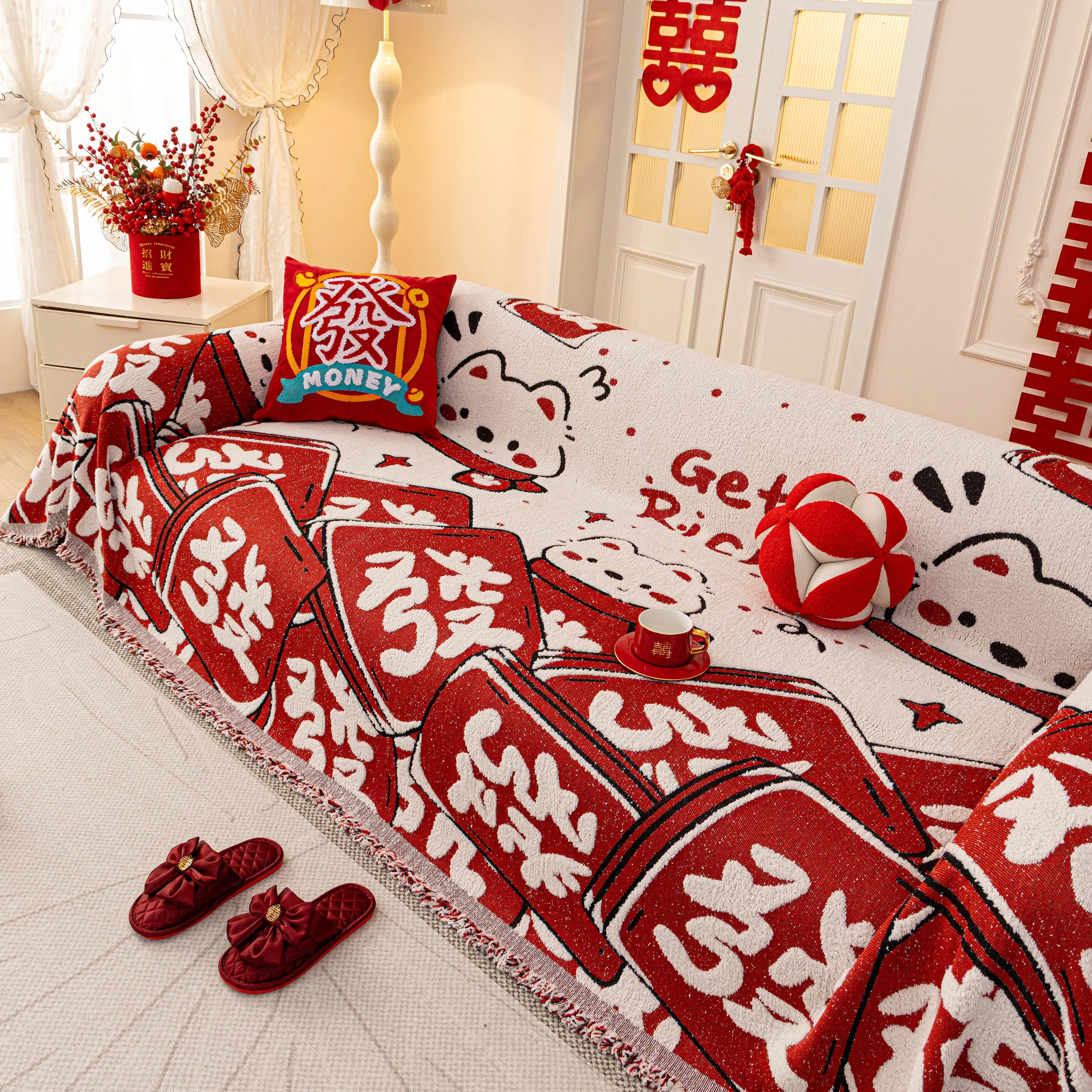 Chinese New Year Sofa Throw Cover Blanket, Decor Festive Red Fu Pattern Couch Cover - Image 51