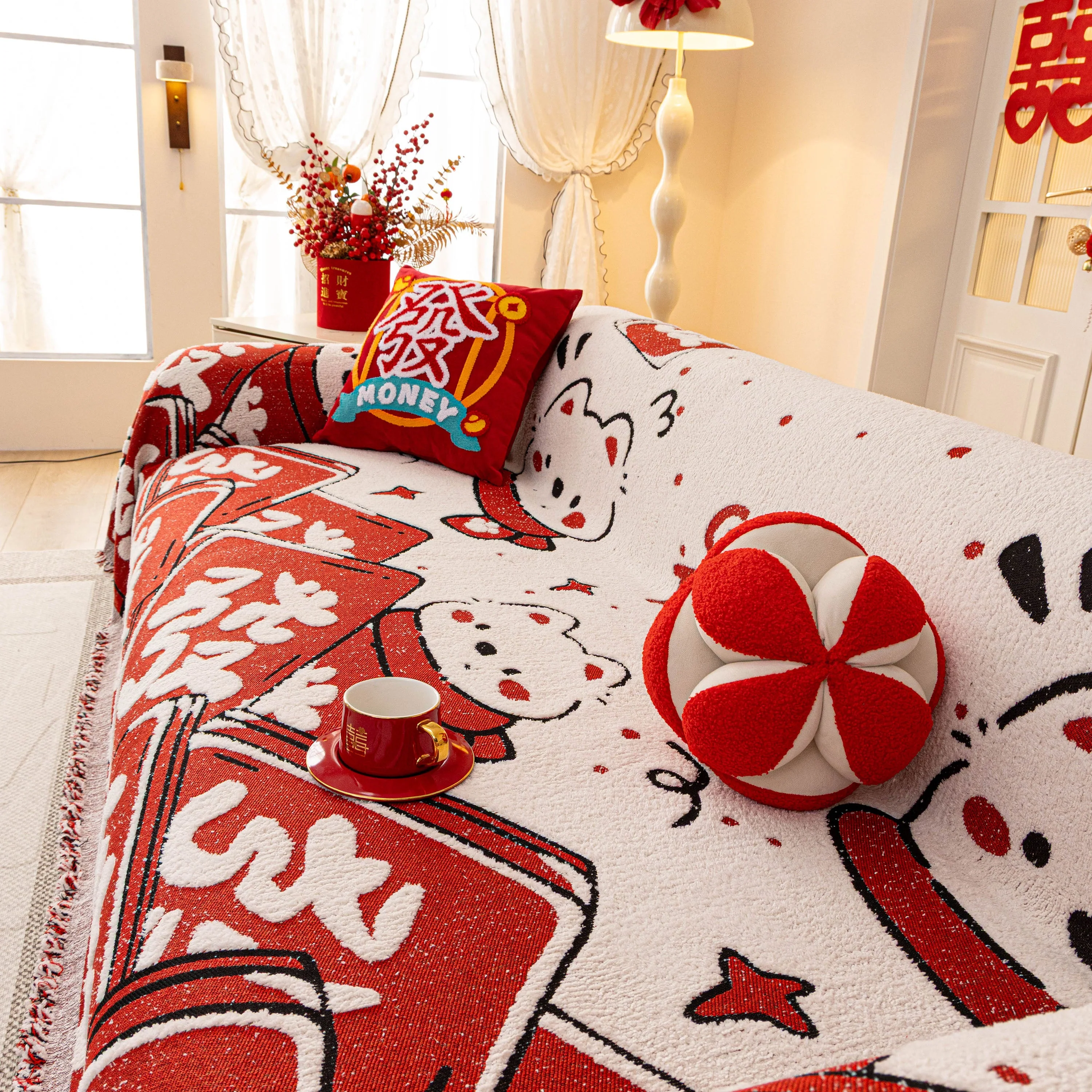 Chinese New Year Sofa Throw Cover Blanket, Decor Festive Red Fu Pattern Couch Cover - Image 52