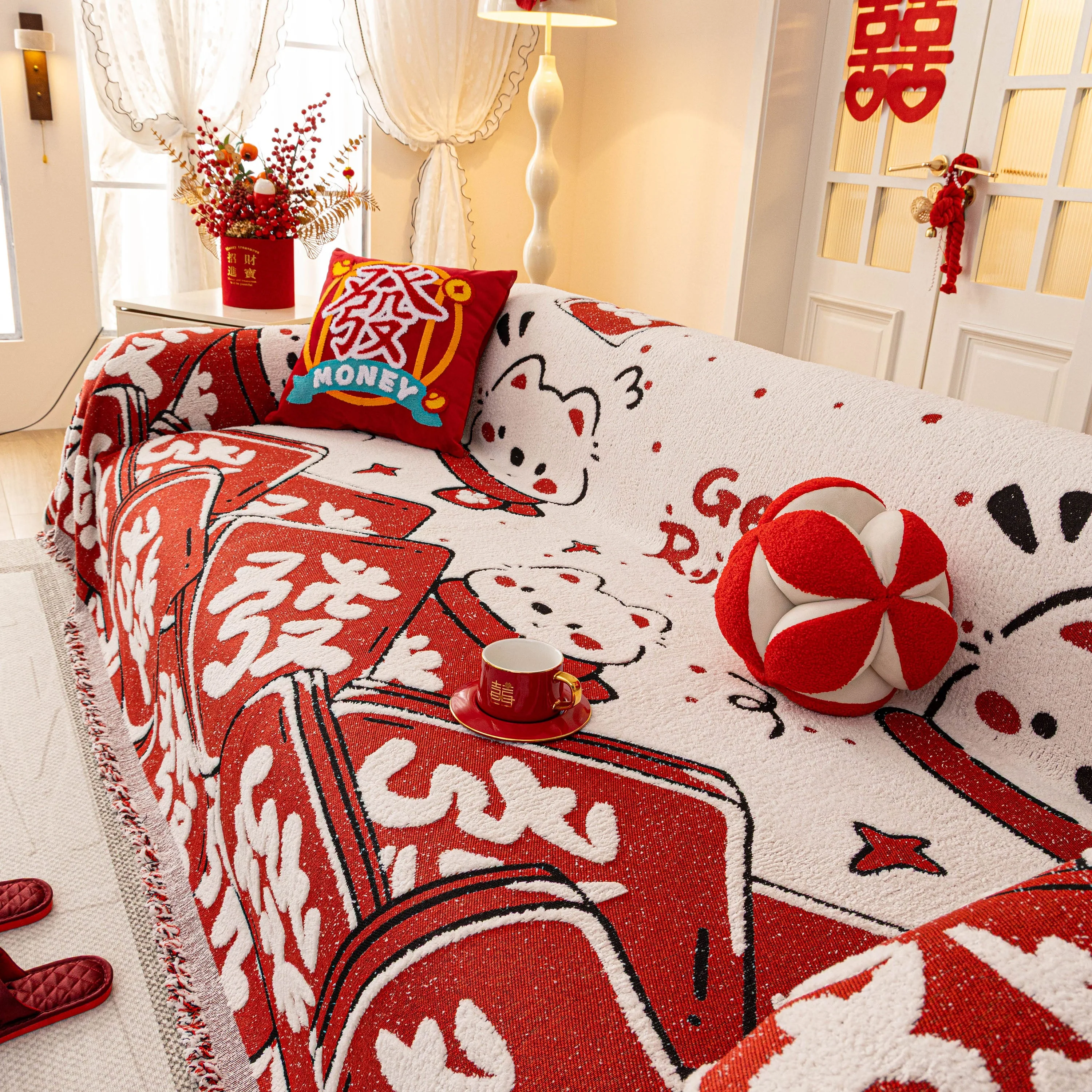 Chinese New Year Sofa Throw Cover Blanket, Decor Festive Red Fu Pattern Couch Cover - Image 53