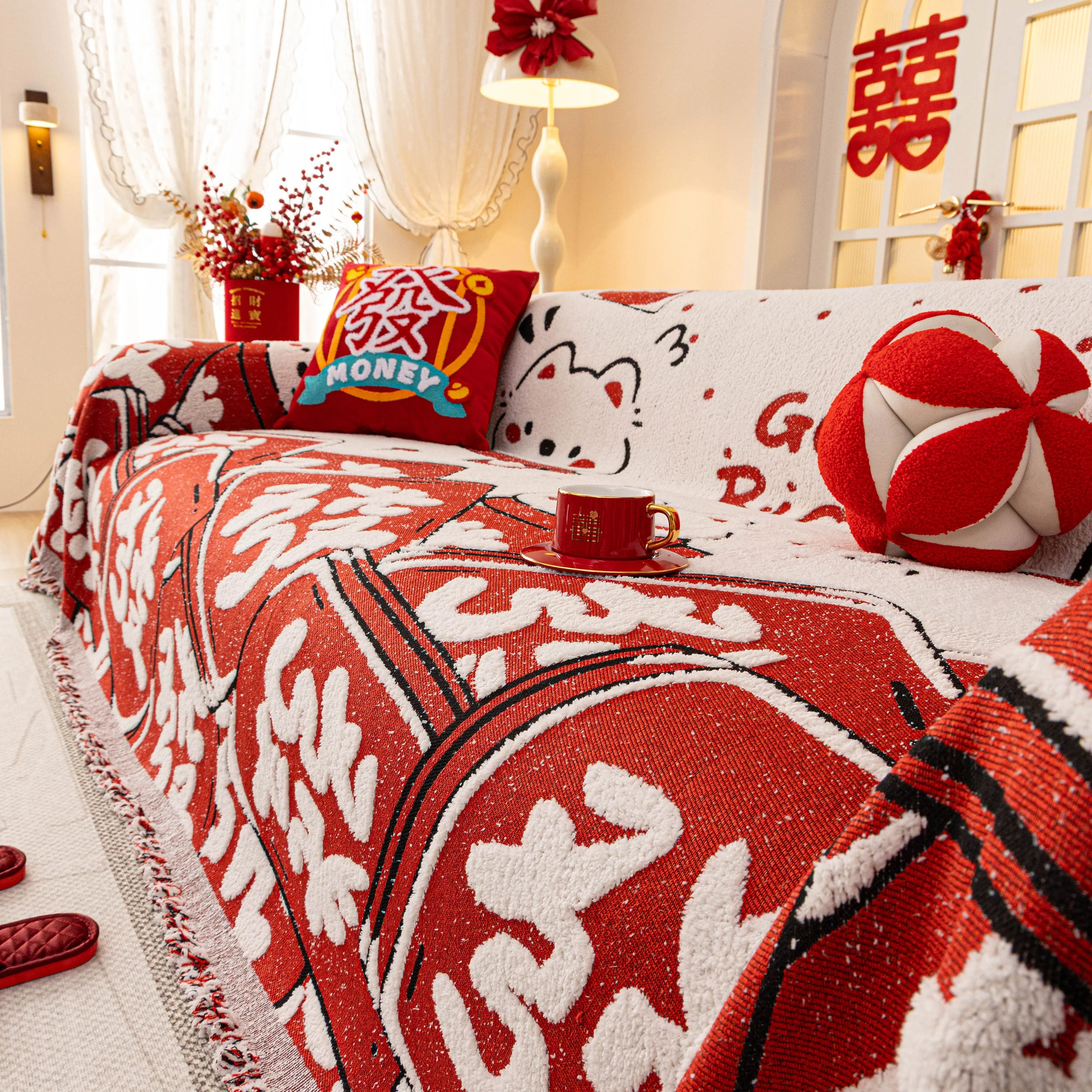 Chinese New Year Sofa Throw Cover Blanket, Decor Festive Red Fu Pattern Couch Cover - Image 54