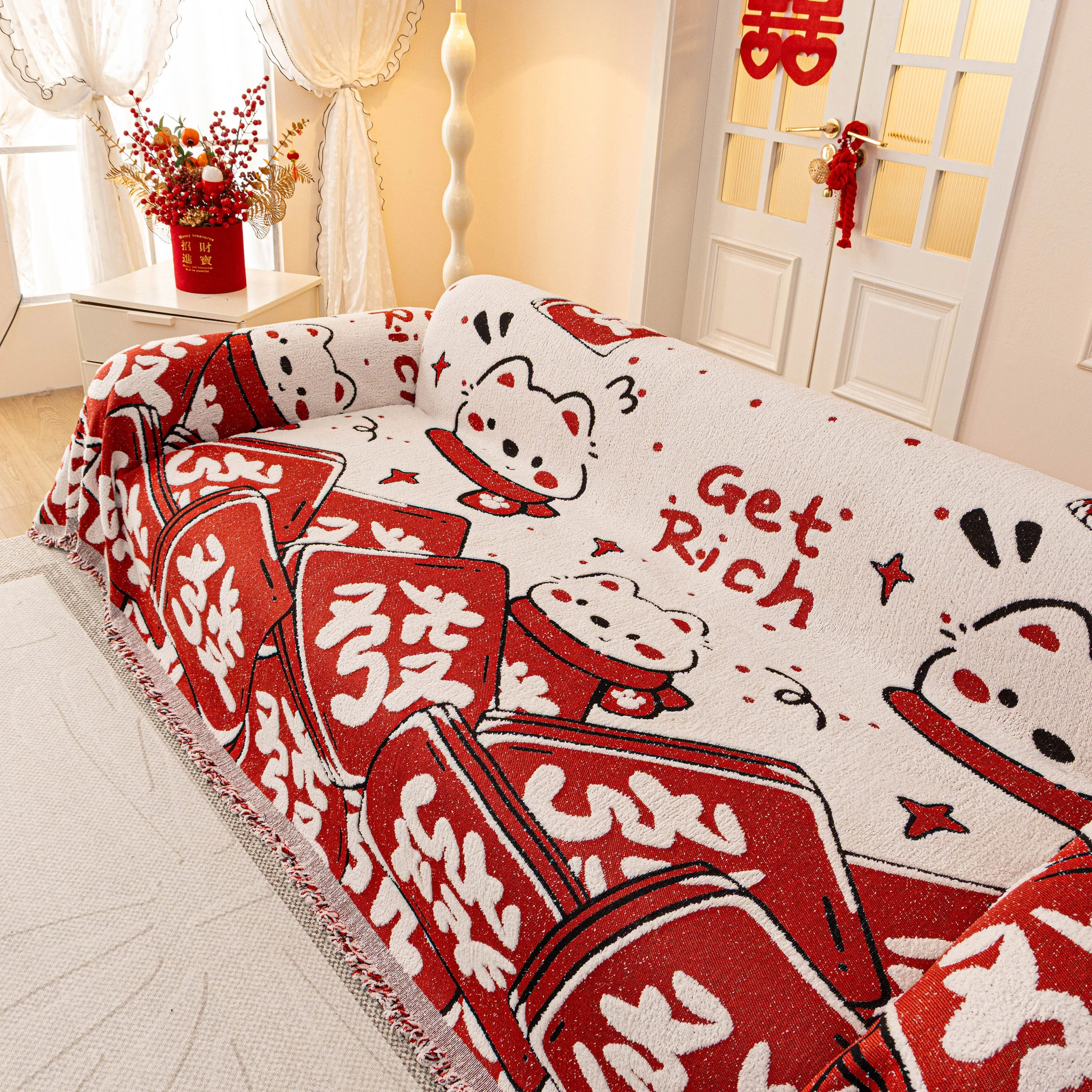 Chinese New Year Sofa Throw Cover Blanket, Decor Festive Red Fu Pattern Couch Cover - Image 55