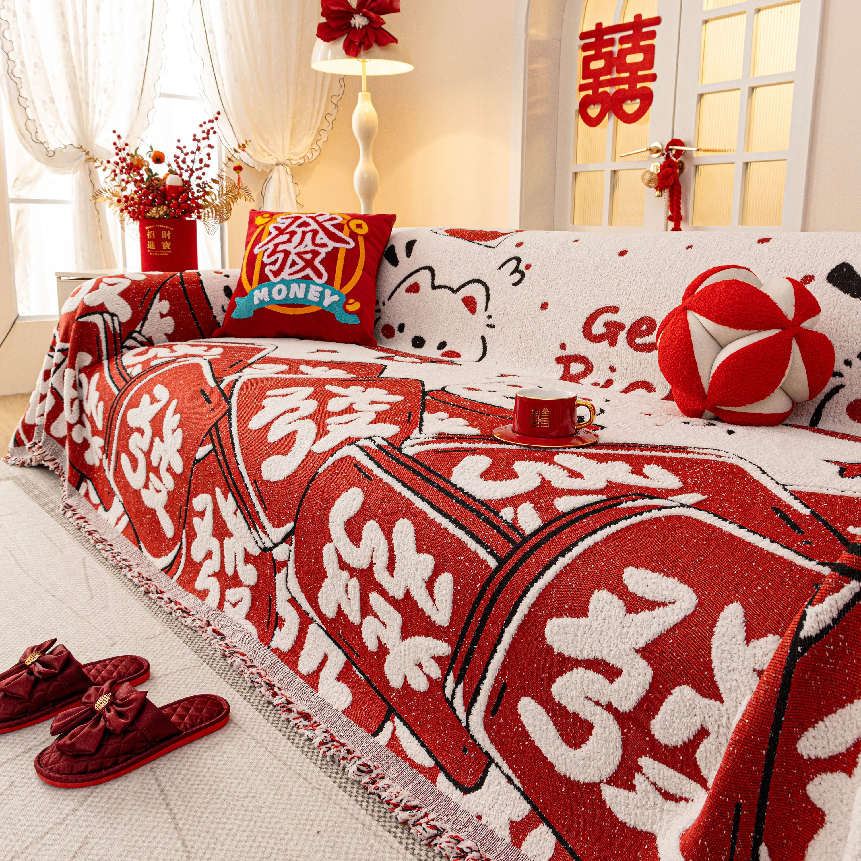 Chinese New Year Sofa Throw Cover Blanket, Decor Festive Red Fu Pattern Couch Cover - Image 56