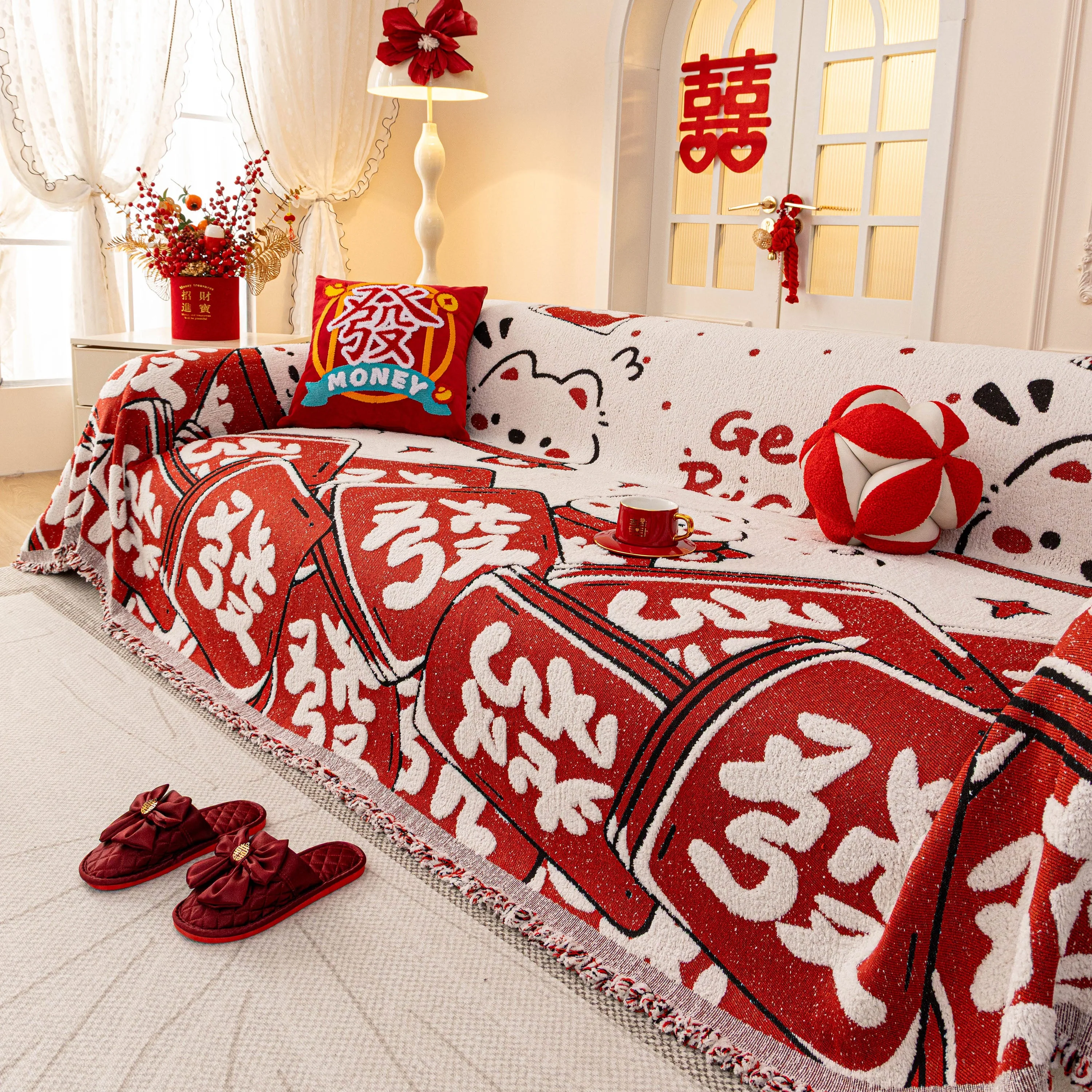 Chinese New Year Sofa Throw Cover Blanket, Decor Festive Red Fu Pattern Couch Cover - Image 57