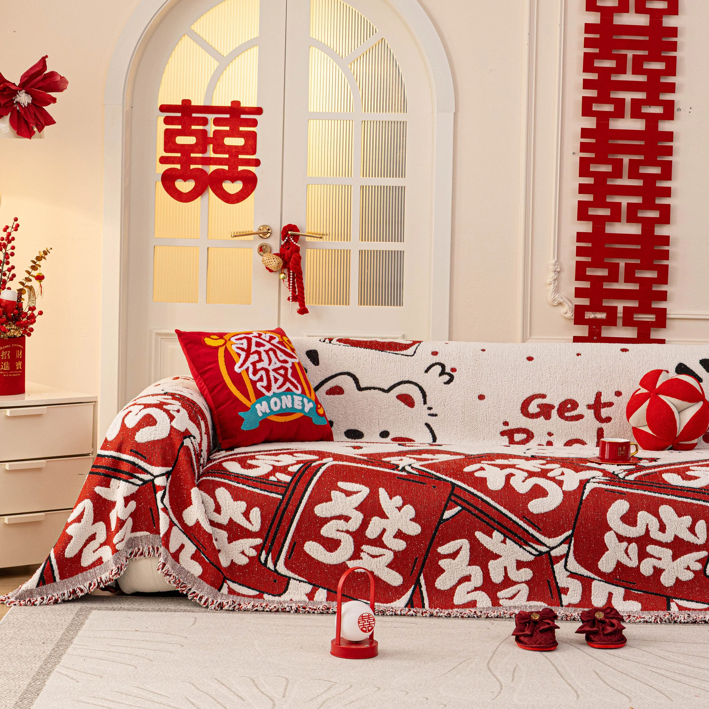 Chinese New Year Sofa Throw Cover Blanket, Decor Festive Red Fu Pattern Couch Cover - Image 58