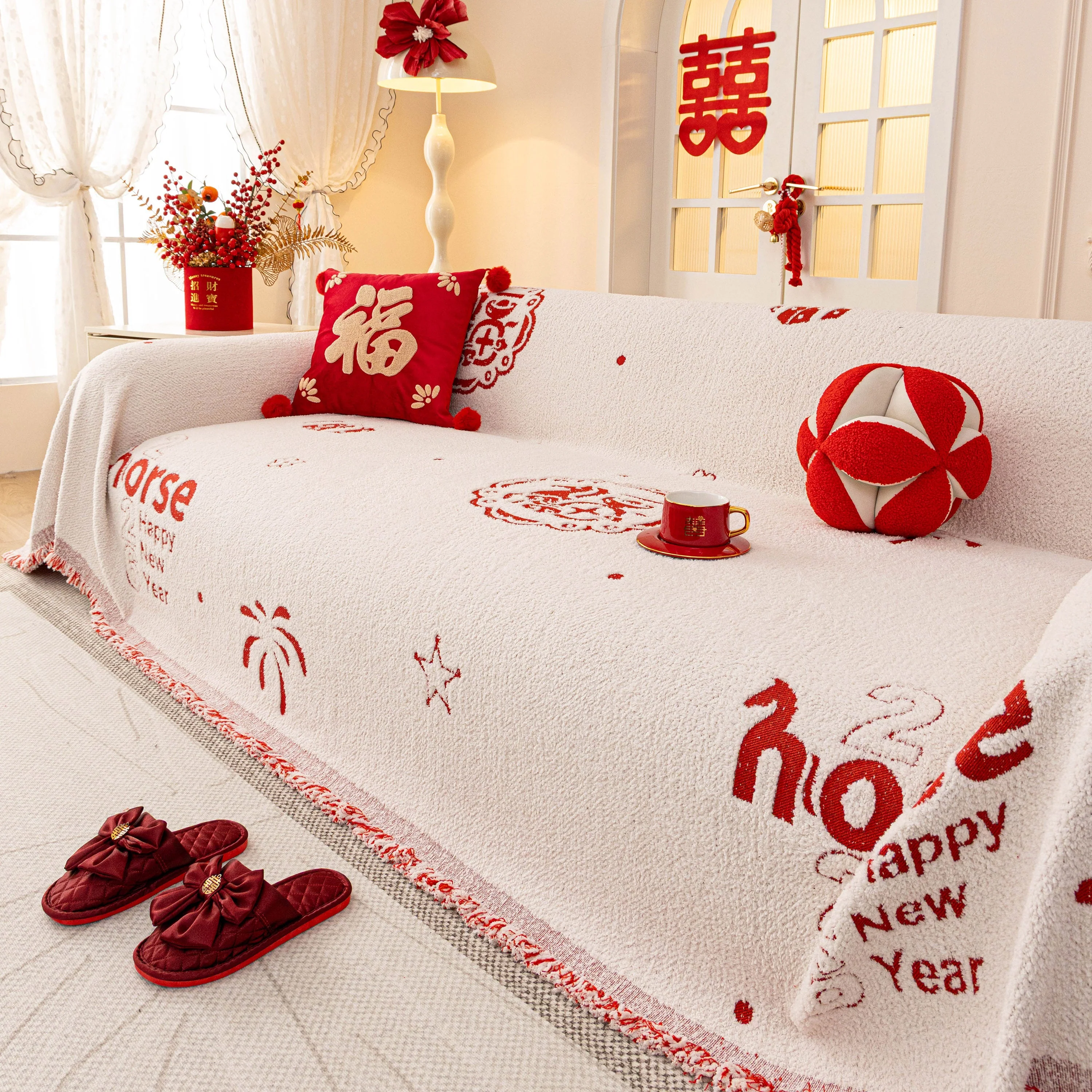 Chinese New Year Sofa Throw Cover Blanket, Decor Festive Red Fu Pattern Couch Cover - Image 59