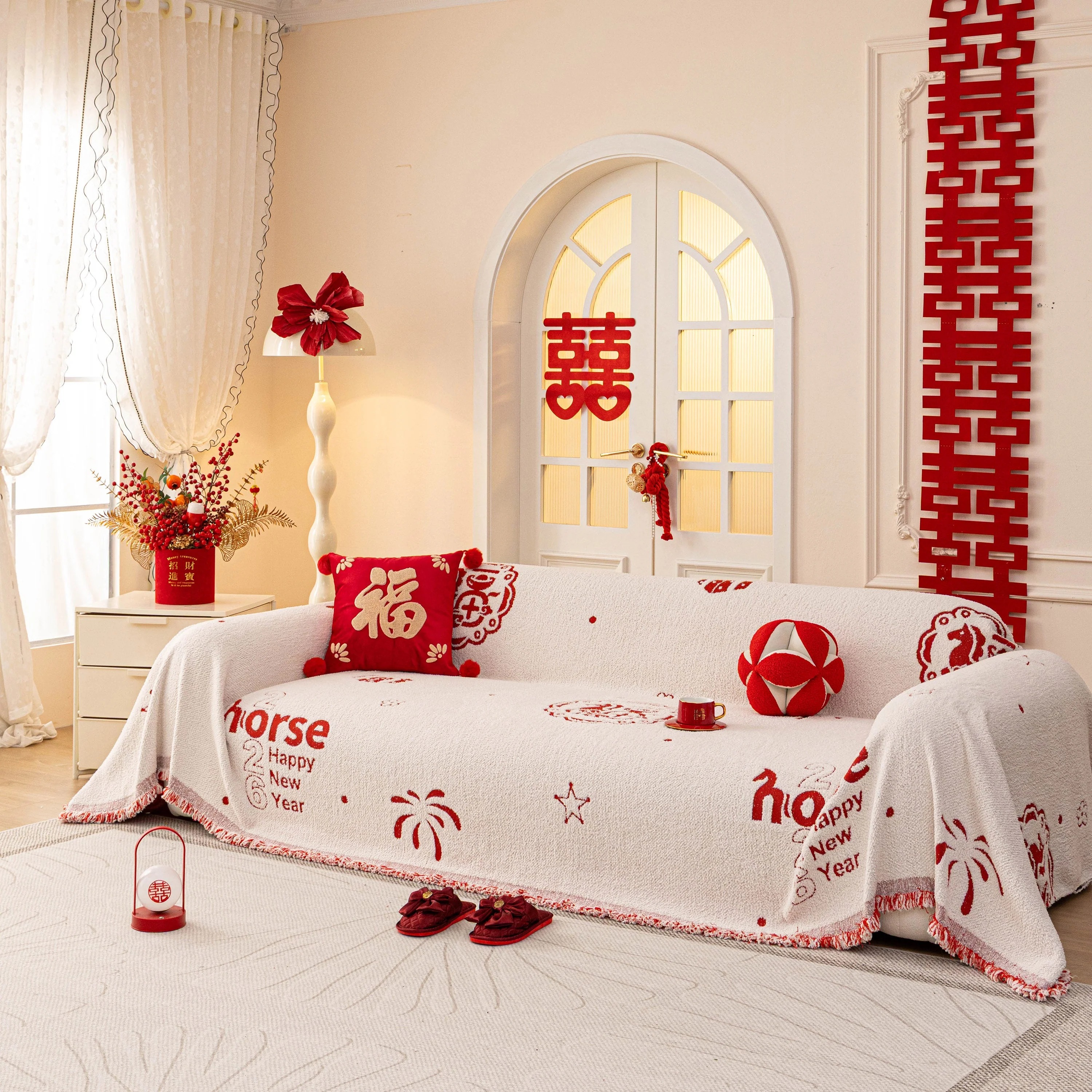 Chinese New Year Sofa Throw Cover Blanket, Decor Festive Red Fu Pattern Couch Cover - Image 60